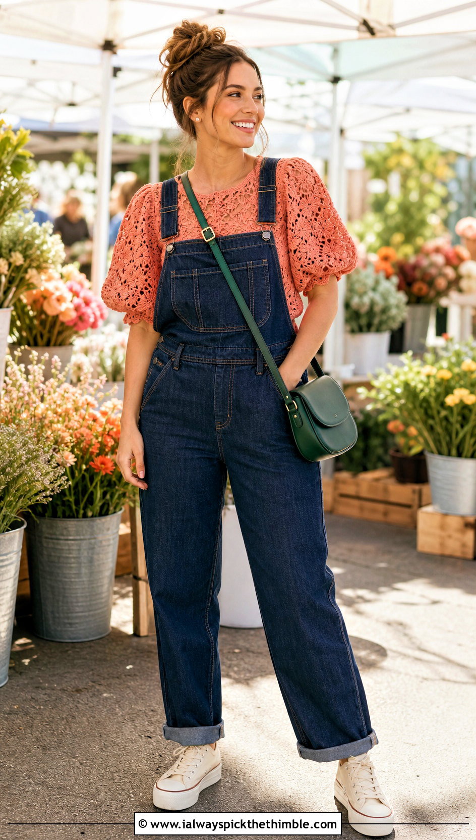 Puff Sleeve Crochet Top With Denim Overalls - 25 crochet simple top outfit ideas