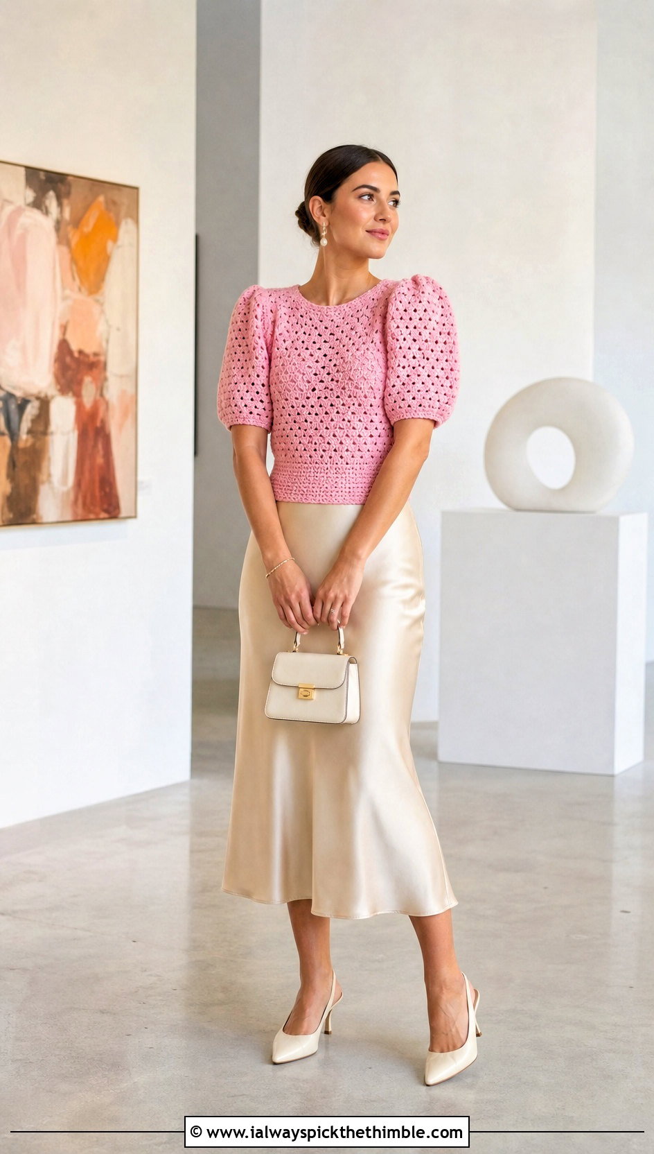Puff Sleeve Crochet Top With Satin Midi Skirt - 25 crochet tops with sleeves outfit ideas