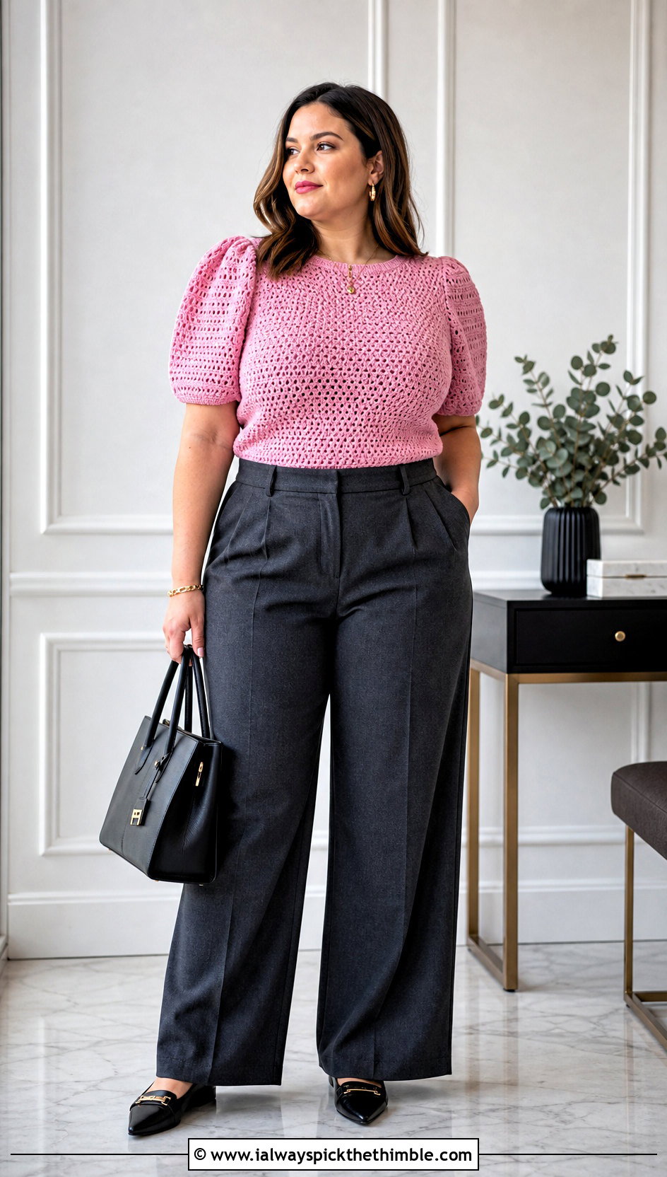 Puff Sleeve Crochet Top With Tailored Trousers - 20 Crochet Top Ideas With Sleeves