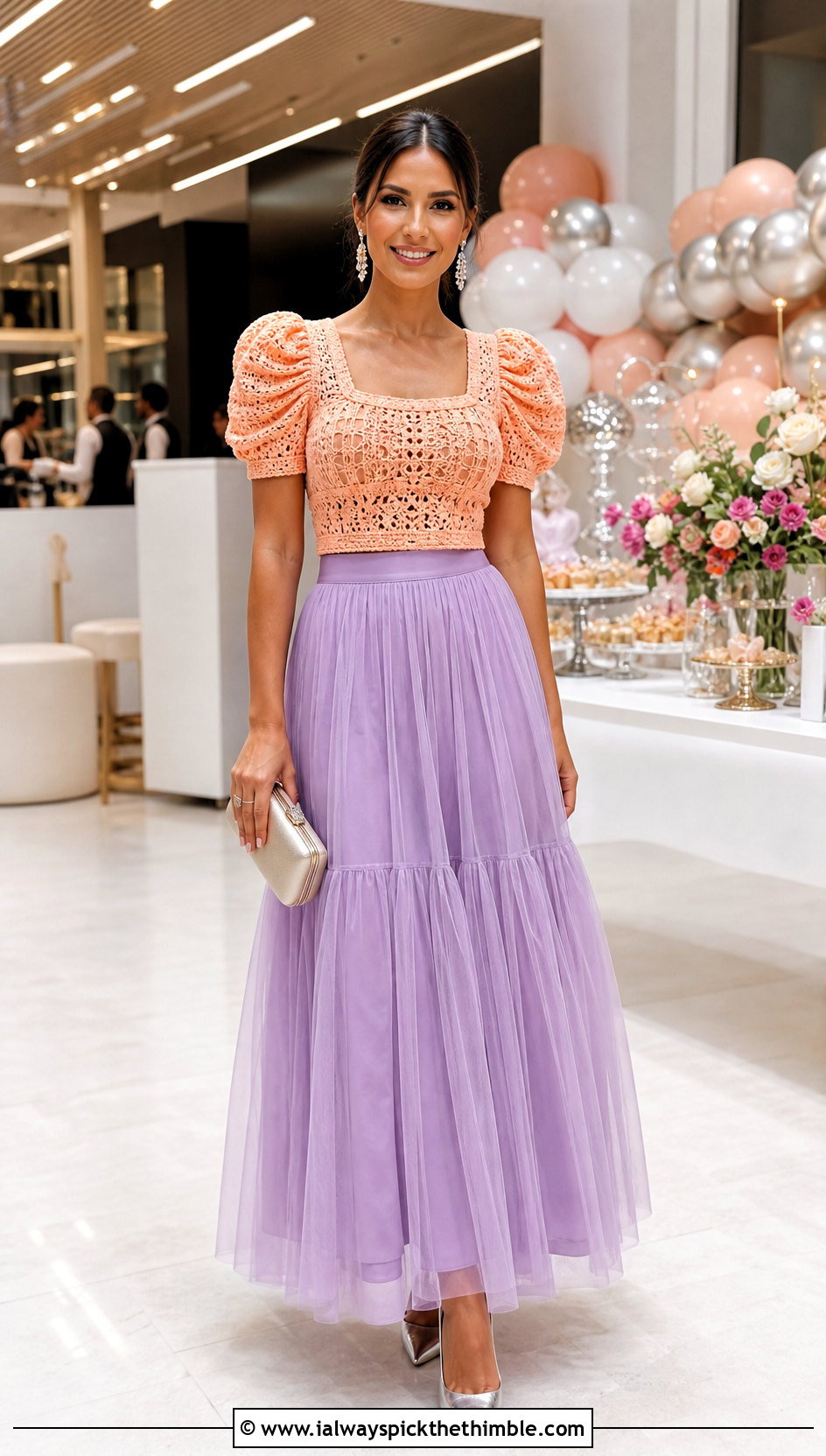 Puff Sleeve Crochet Top With Tulle Maxi Skirt - 20 crochet top and long skirt outfit ideas