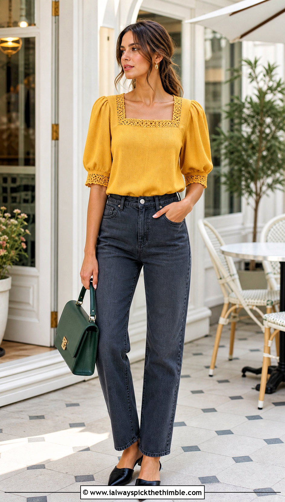 Puff Sleeve Crochet Trim Top With Tailored Jeans - 20 crochet trim top outfit ideas