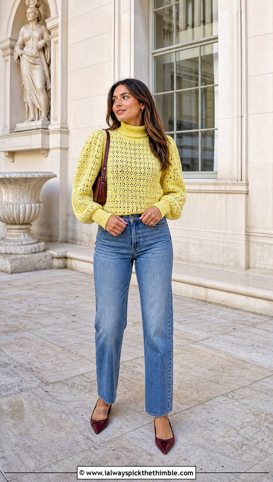 Puff Sleeve Crochet Turtleneck Top With Straight Leg Jeans - 20 crochet turtleneck top outfit ideas