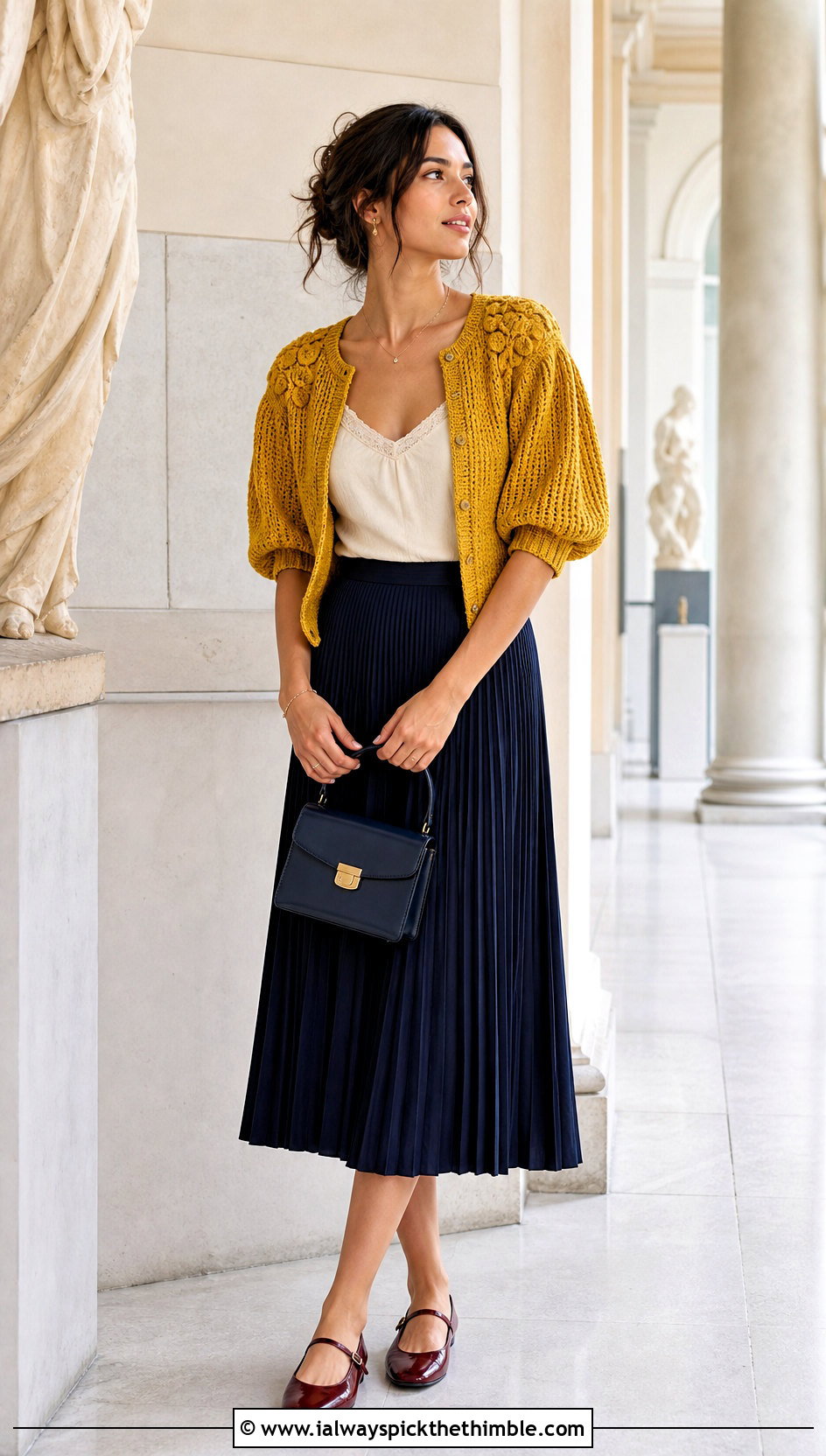 Puff Sleeve Crochet Y2K Cardigan With Pleated Midi Skirt - 20 Crochet Y2K Cardigan outfit ideas