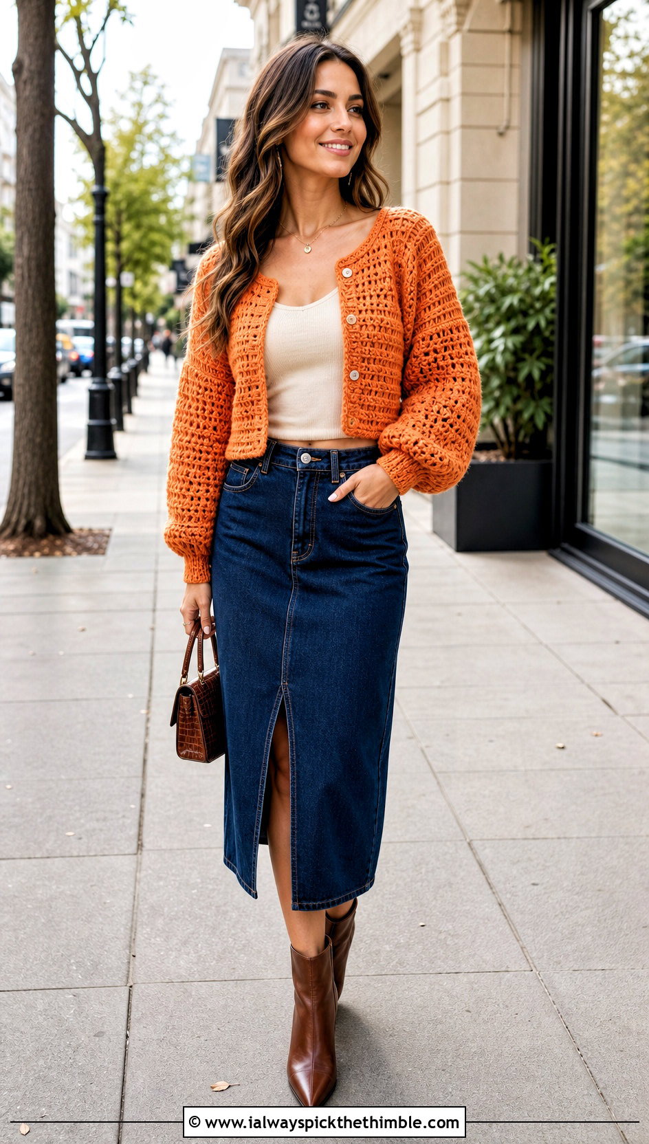 Puff Sleeve Cropped Crochet Cardigan With Denim Midi Skirt - 25 cropped crochet cardigan outfit ideas
