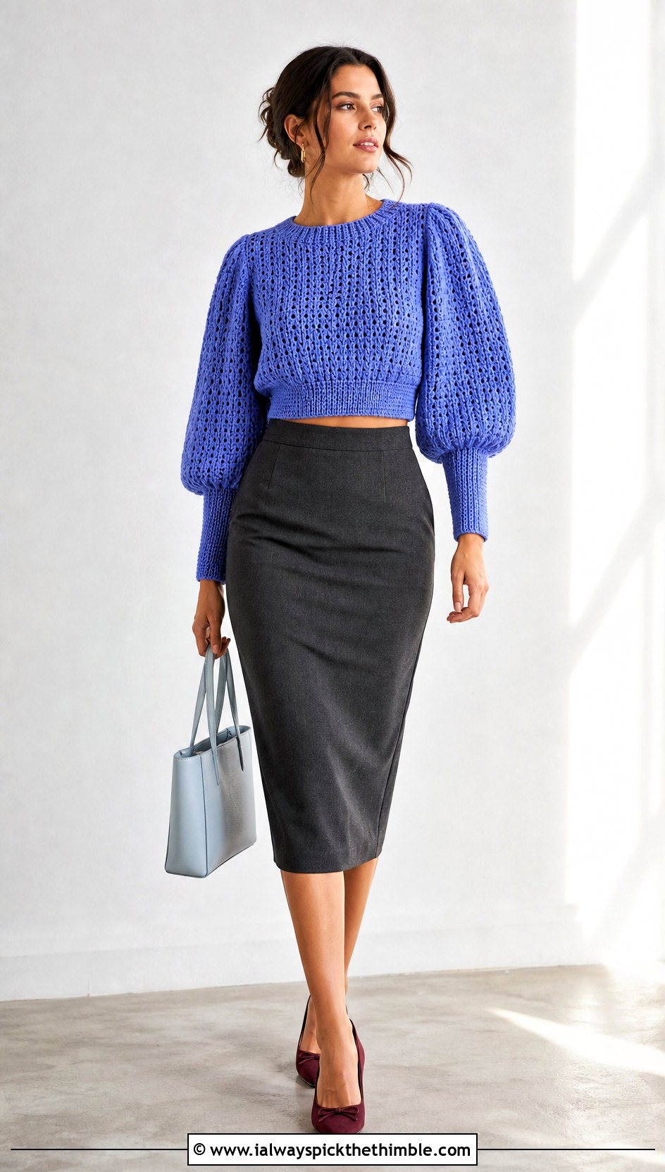 Puff Sleeve Cropped Crochet Sweater With Pencil Skirt - 25 crochet cropped sweater outfit ideas