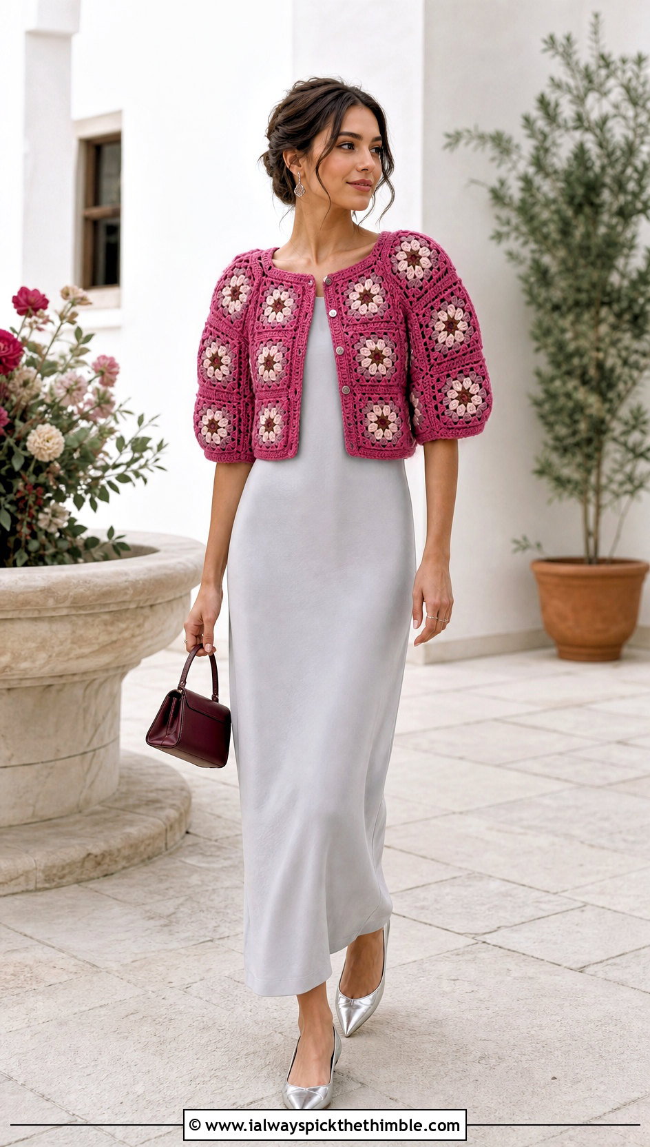 Puff Sleeve Cropped Granny Square Cardigan With Column Dress - 20 Cropped Granny Square Cardigan outfit ideas