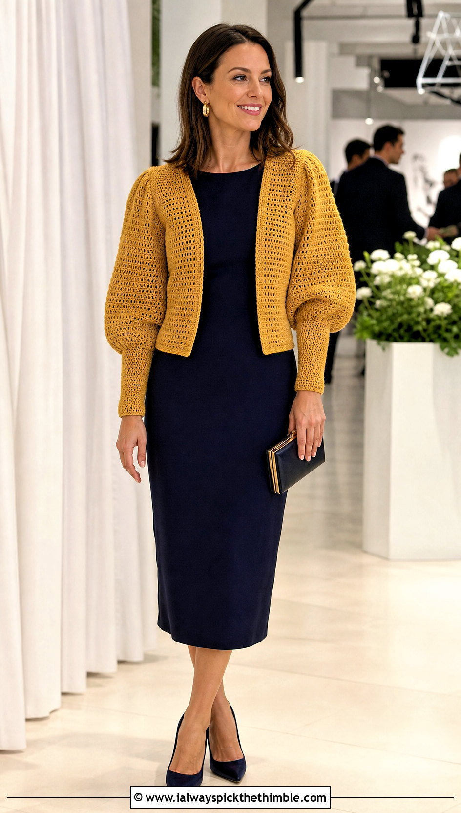 Puff Sleeve DK Crochet Cardigan With Column Dress - 20 Dk Crochet Cardigan outfit ideas