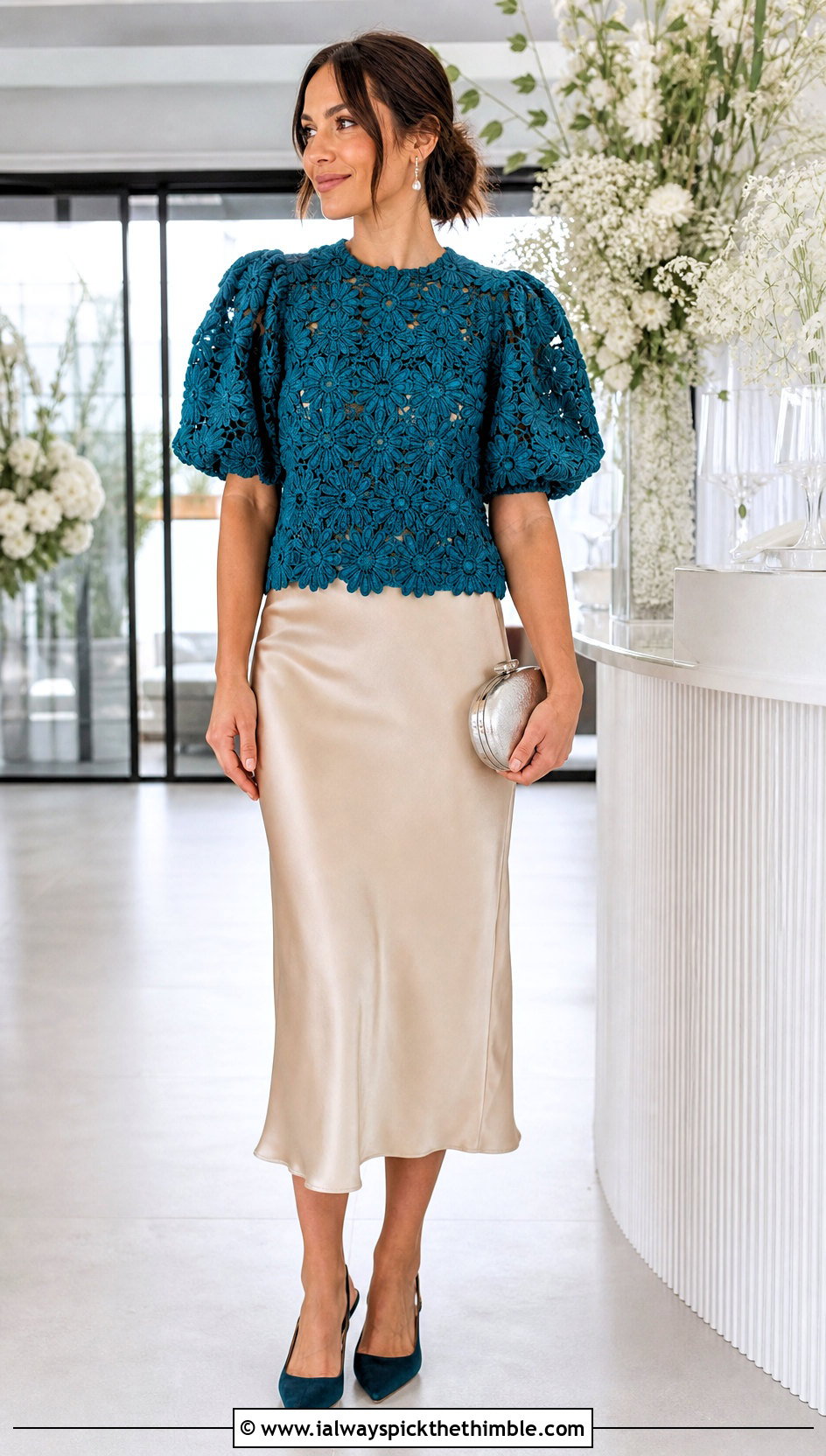 Puff Sleeve Daisy Crochet Blouse With Satin Midi Skirt - 15 floral crochet blouse style outfit ideas