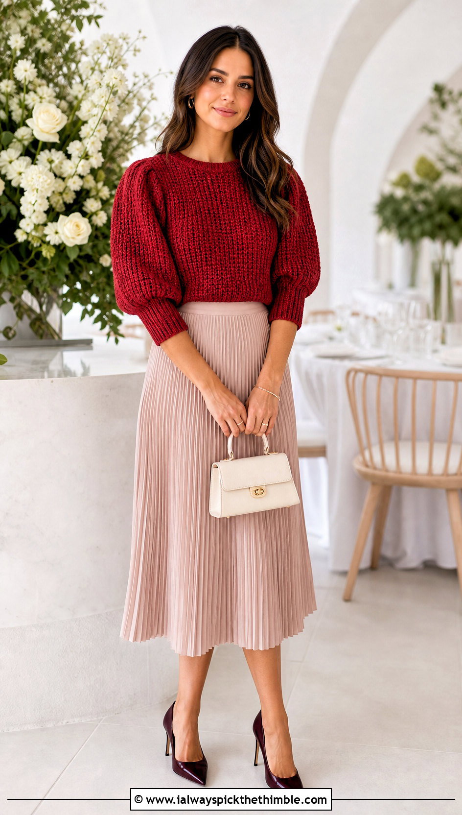 Puff Sleeve Dense Stitch Crochet Round Sweater With Pleated Midi Skirt - 15 crochet round sweater outfit ideas