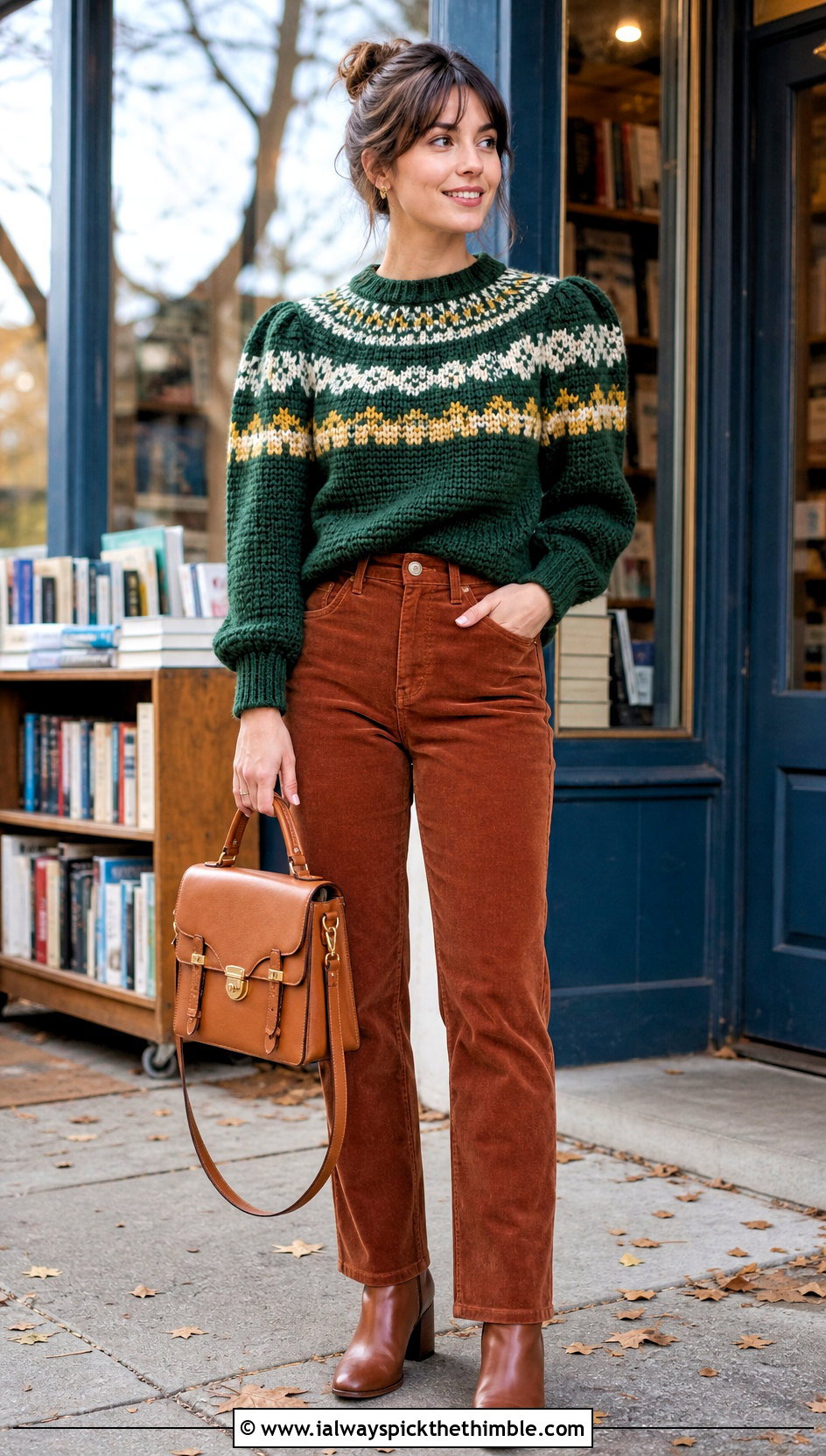 Puff Sleeve Fair Isle Crochet Sweater With Corduroy Pants - 20 fair isle crochet sweater outfit ideas