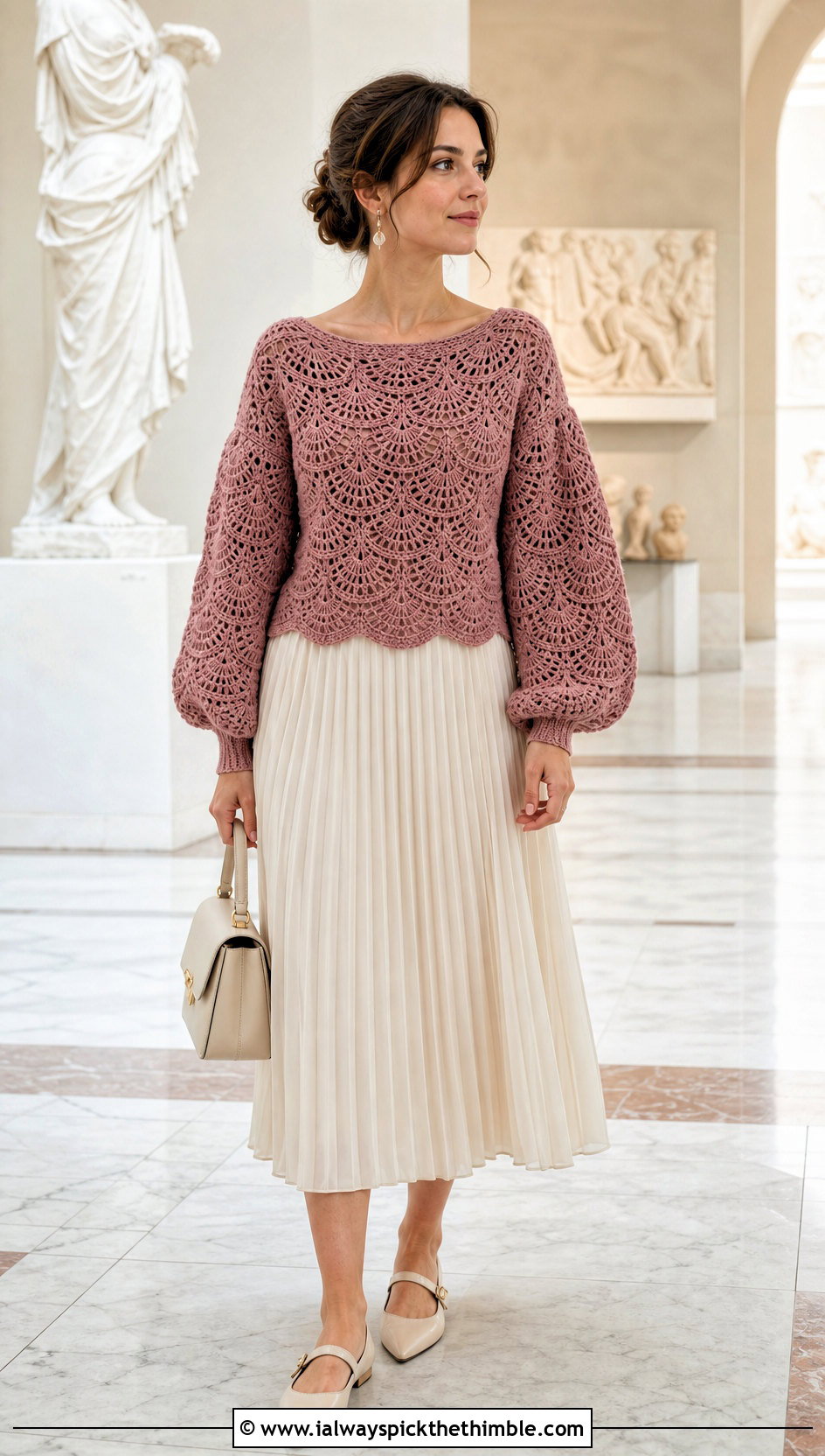 Puff Sleeve Fan Stitch Boatneck Crochet Sweater With Pleated Skirt - 20 Boatneck Crochet Sweater outfit ideas