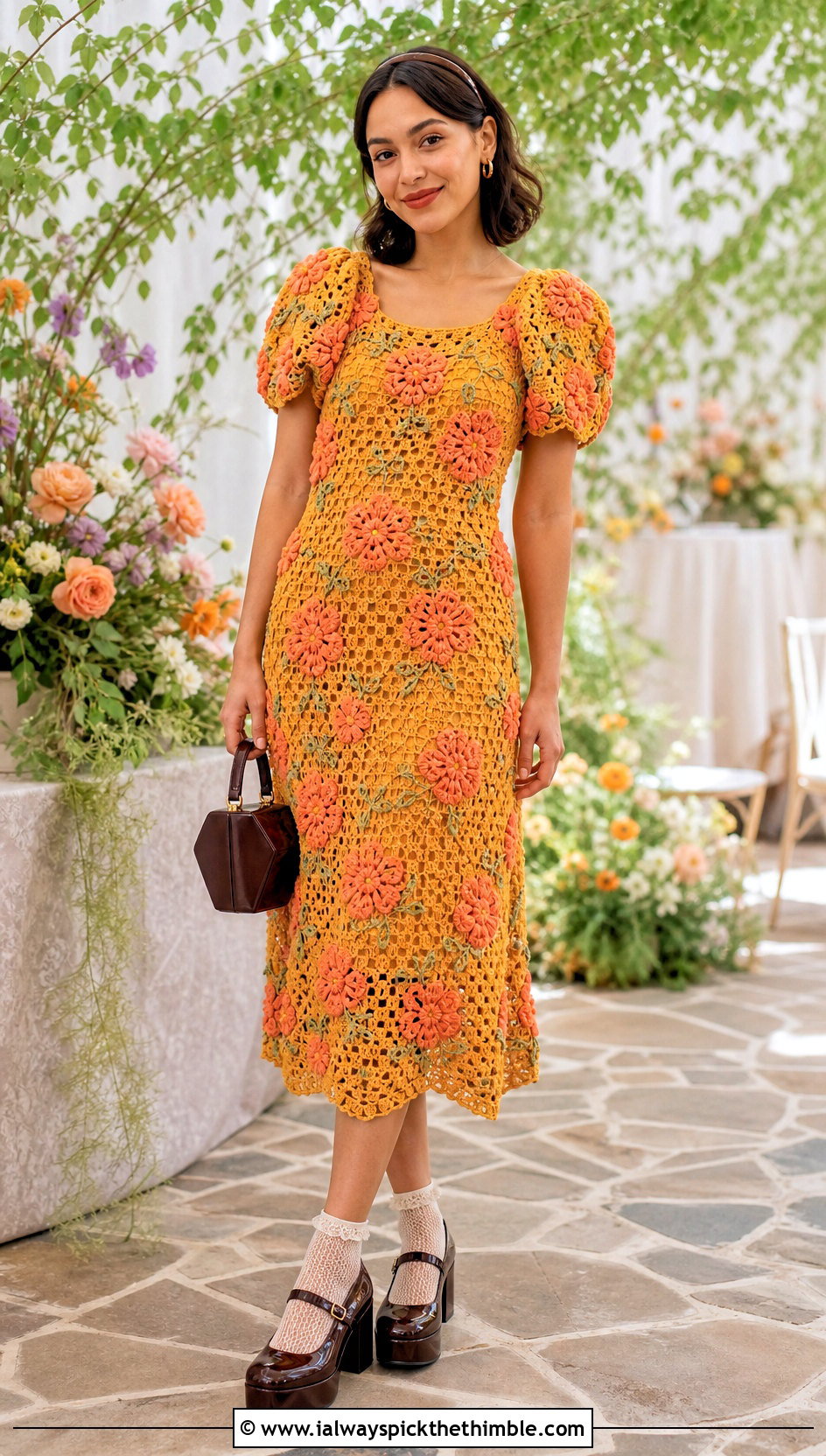 Puff Sleeve Floral Crochet Dress With Mary Janes - 15 vintage floral crochet dress outfit ideas