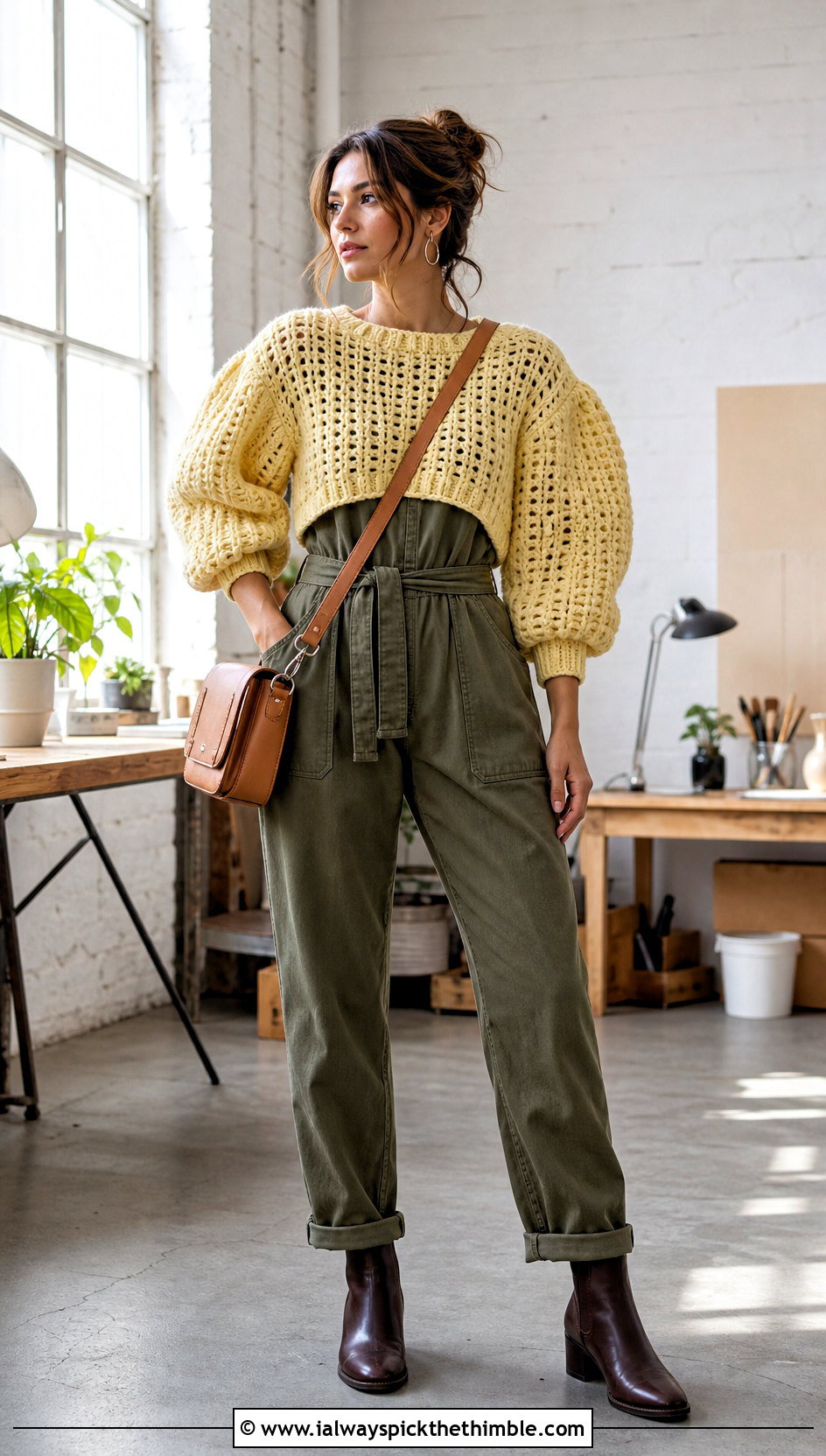 Puff Sleeve Fluffy Crochet Sweater With Utility Jumpsuit - 25 fluffy crochet sweater outfit ideas