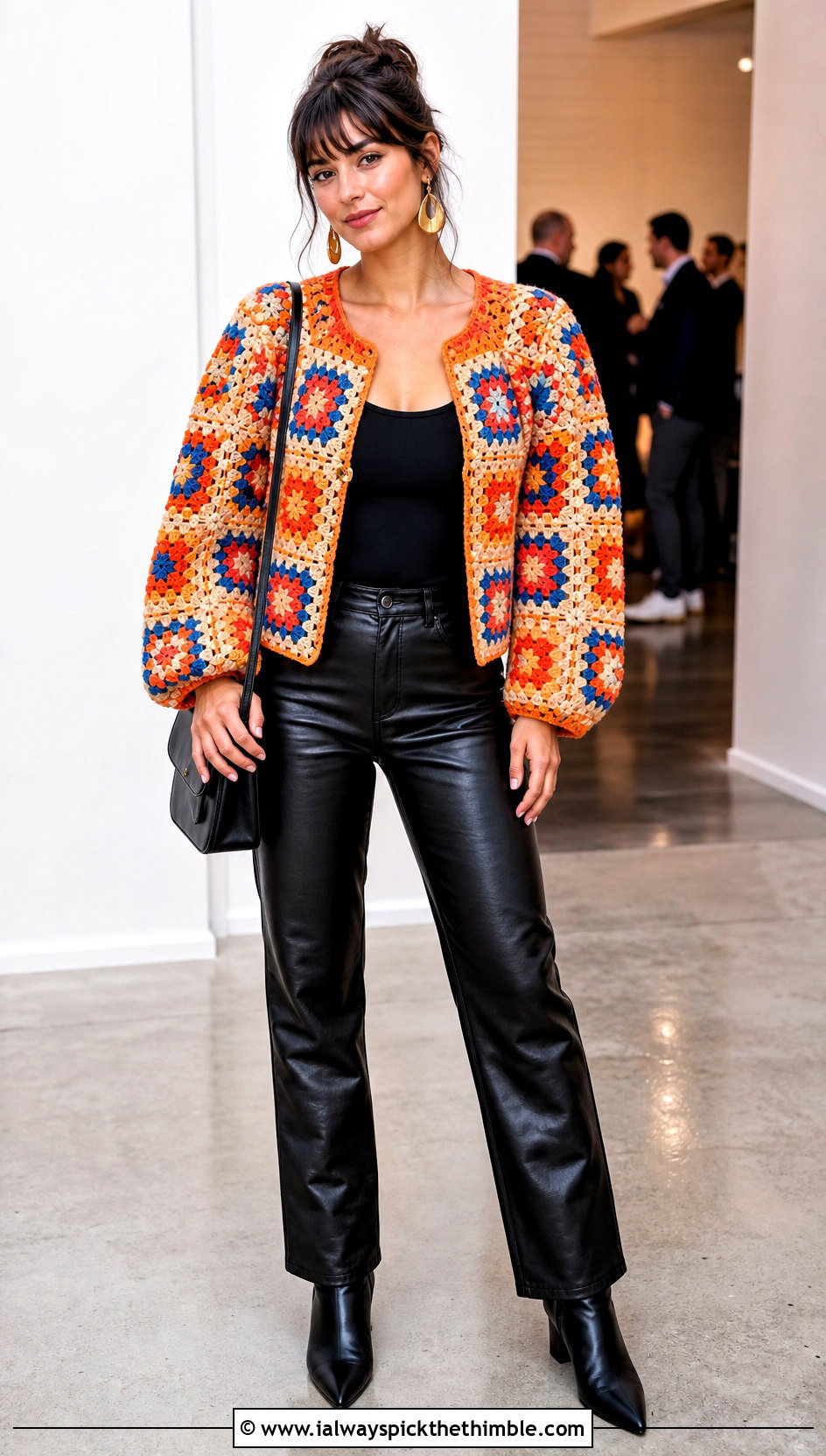 Puff Sleeve Granny Square Patchwork Cardigan With Leather Pants - 20 Granny Square Patchwork Cardigan outfit ideas