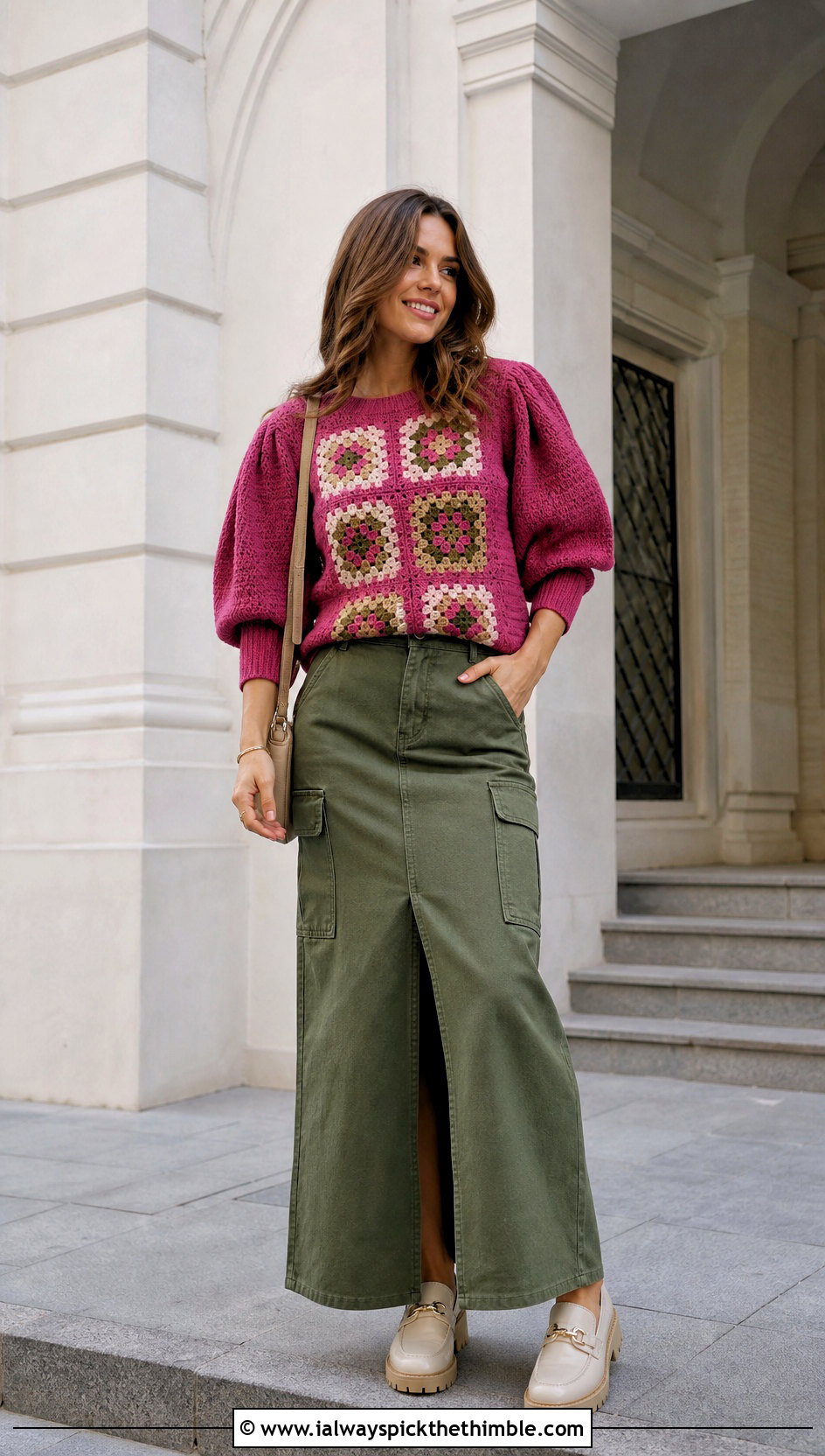 Puff Sleeve Granny Square Sweater With Utility Maxi Skirt - 25 granny square crochet sweater outfit ideas