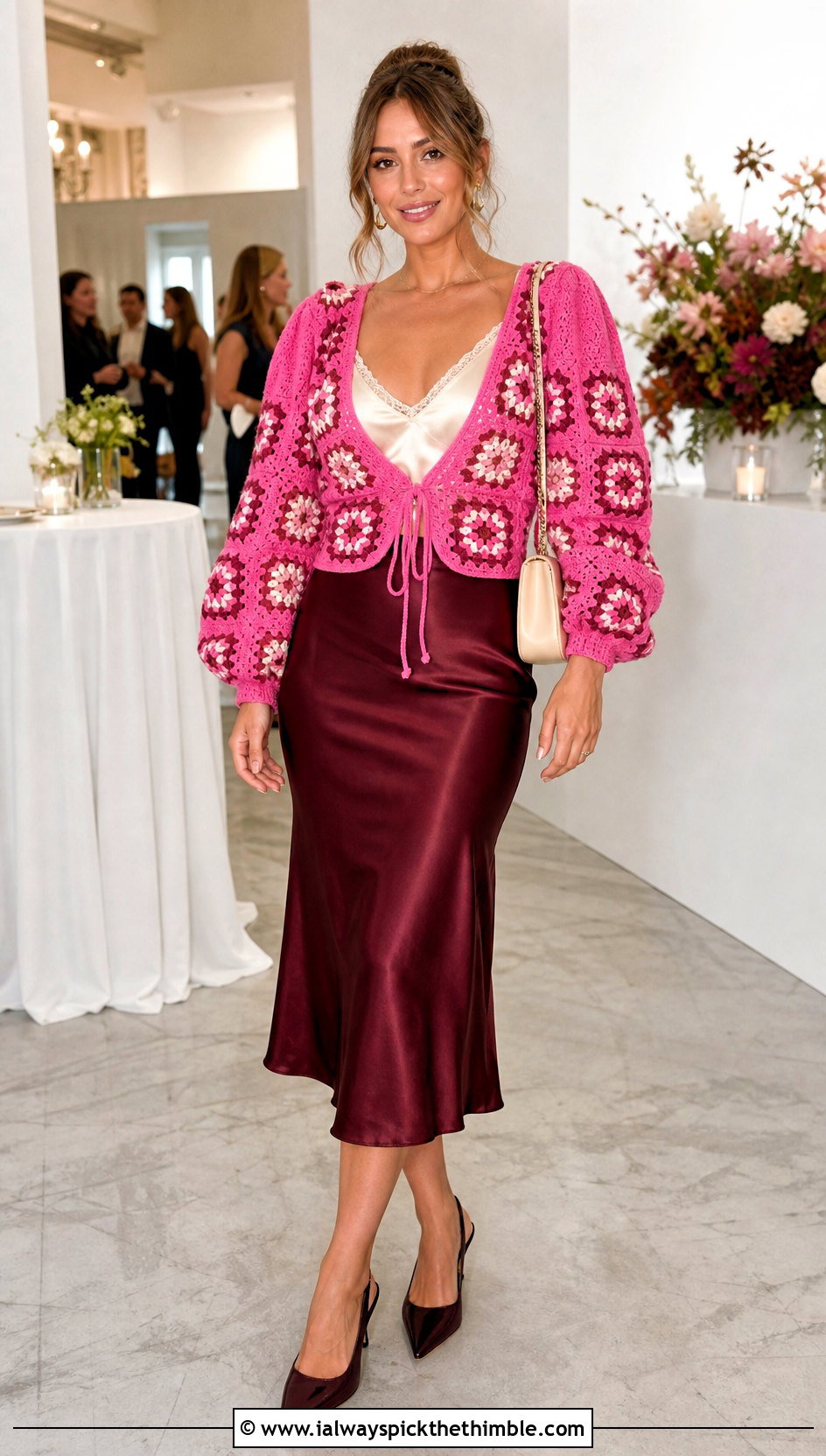 Puff Sleeve Granny Square Tie Cardigan With Satin Midi Skirt - 20 Granny Square Tie Cardigan outfit ideas