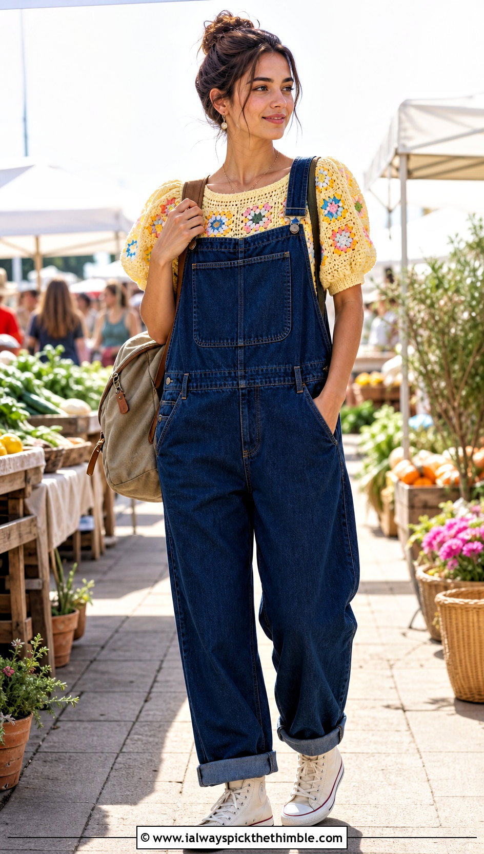 Puff Sleeve Granny Square Top With Denim Overalls - 25 crochet granny square top outfit ideas