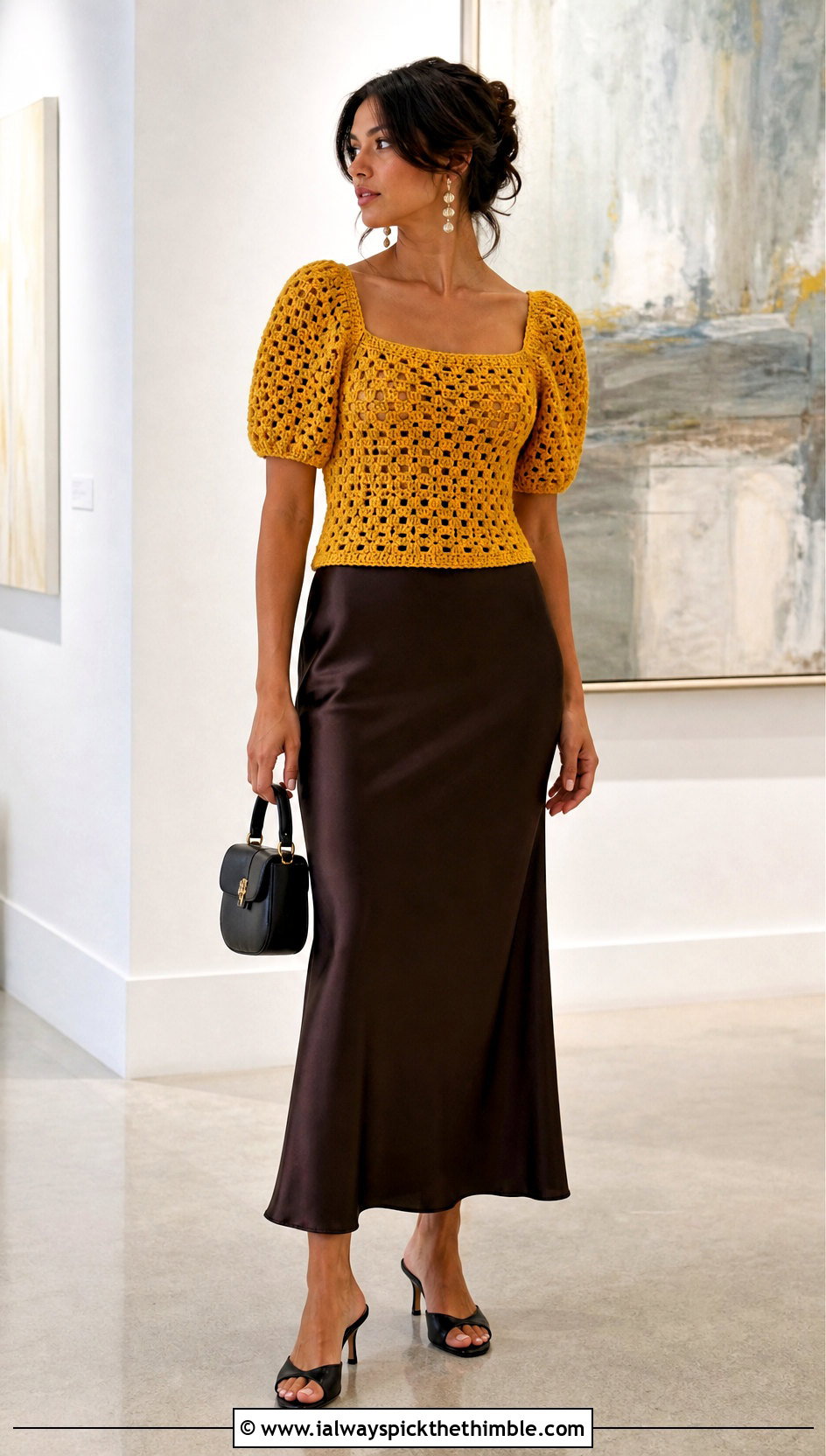 Puff Sleeve Granny Stitch Top With Slip Skirt - 25 crochet granny stitch top outfit ideas