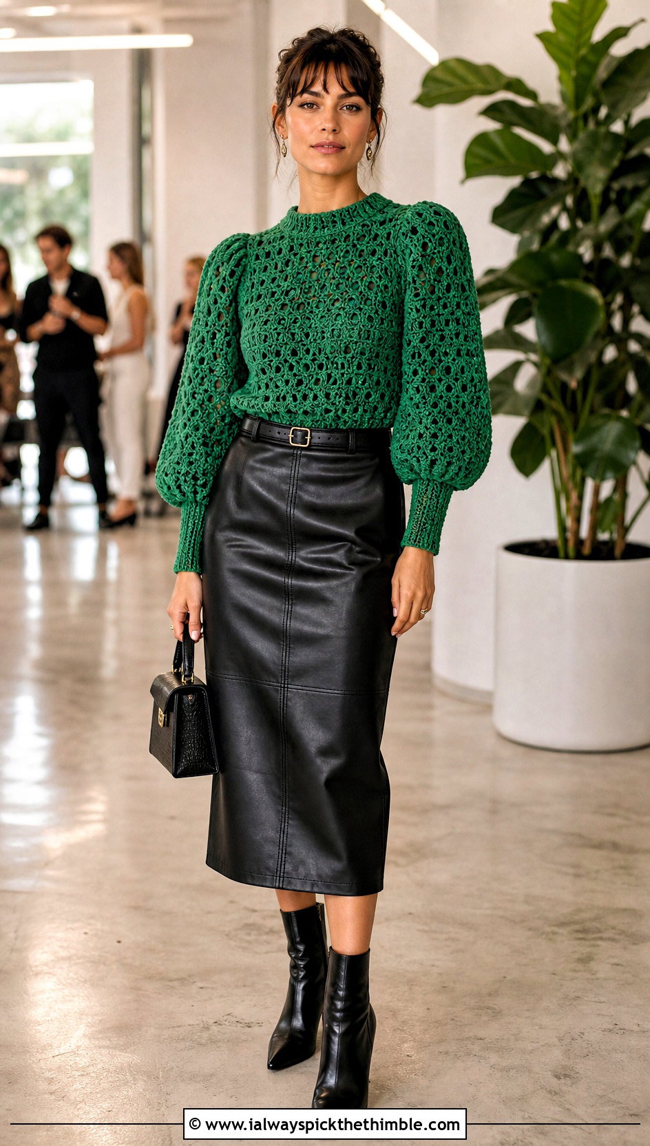 Puff Sleeve Green Crochet Blouse With Leather Midi Skirt - 15 green crochet blouse design outfit ideas