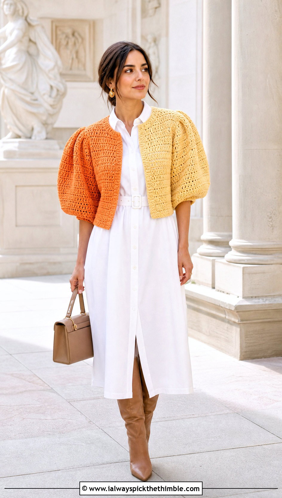 Puff Sleeve Half And Half Crochet Cardigan With Shirt Dress - 20 Half And Half Crochet Cardigan outfit ideas