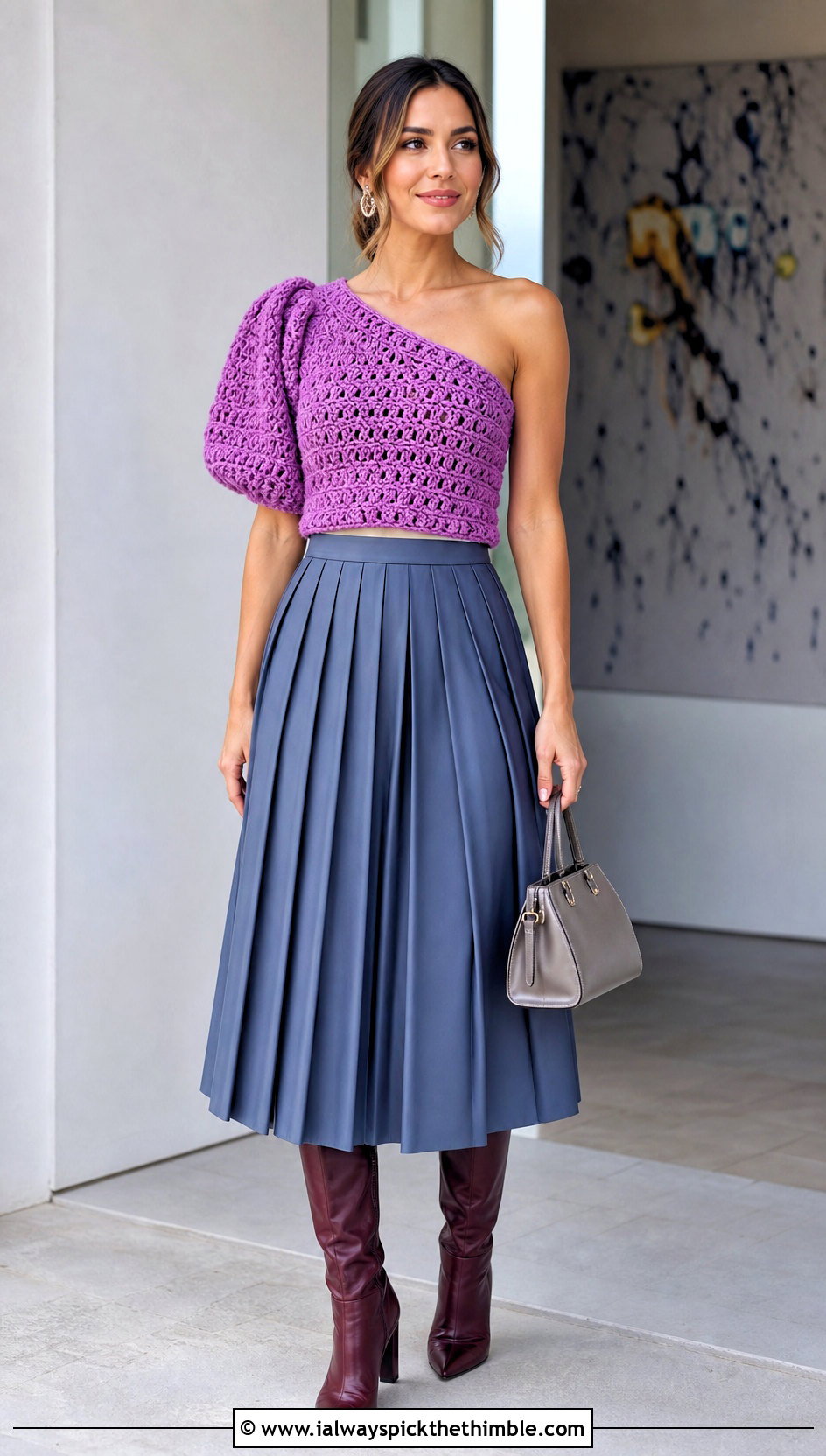 Puff Sleeve One Shoulder Crochet Top With Pleated Skirt - 25 one shoulder crochet top outfit ideas