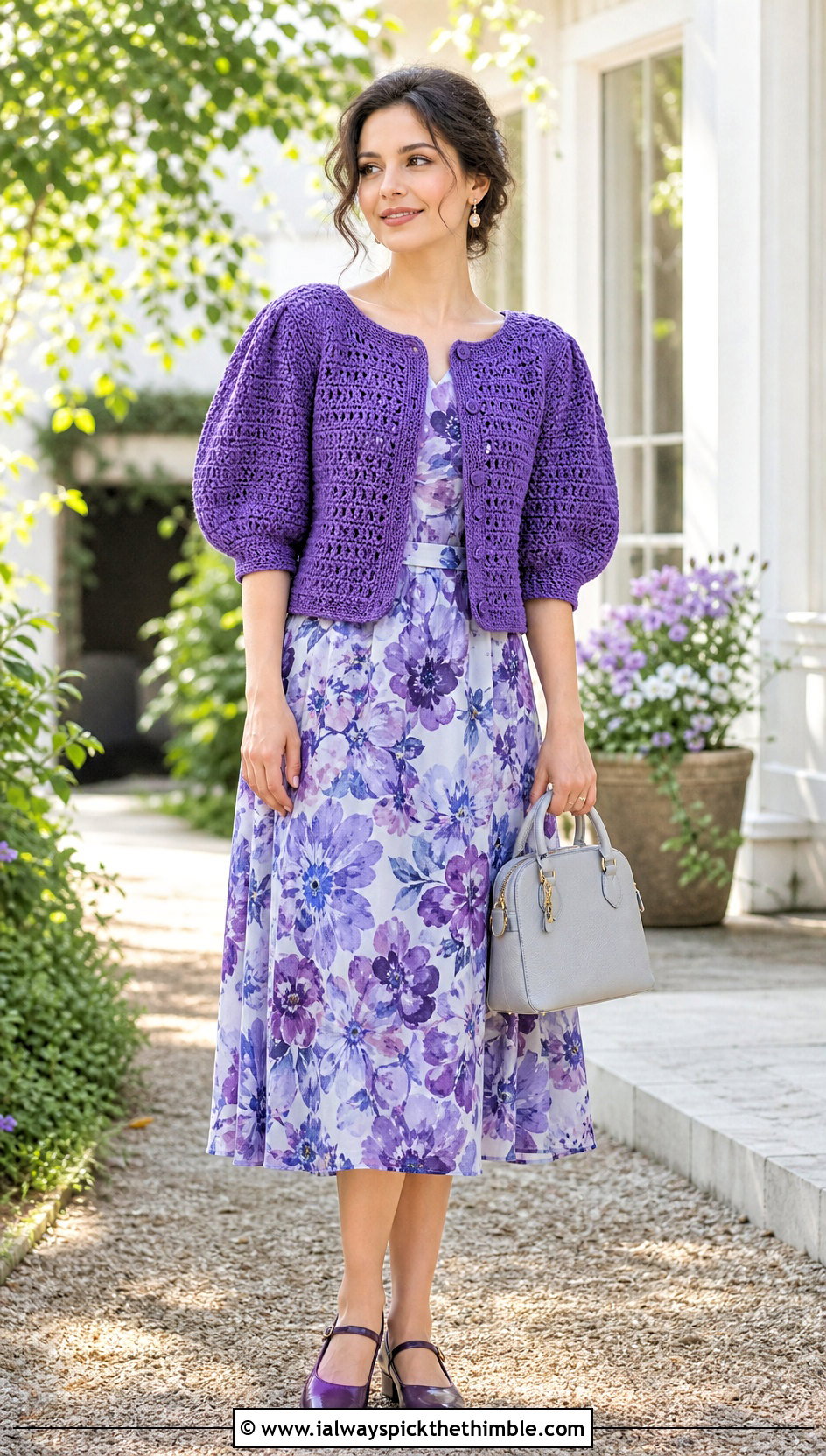 Puff Sleeve Purple Crochet Cardigan With Floral Dress - 25 purple crochet cardigan outfit ideas