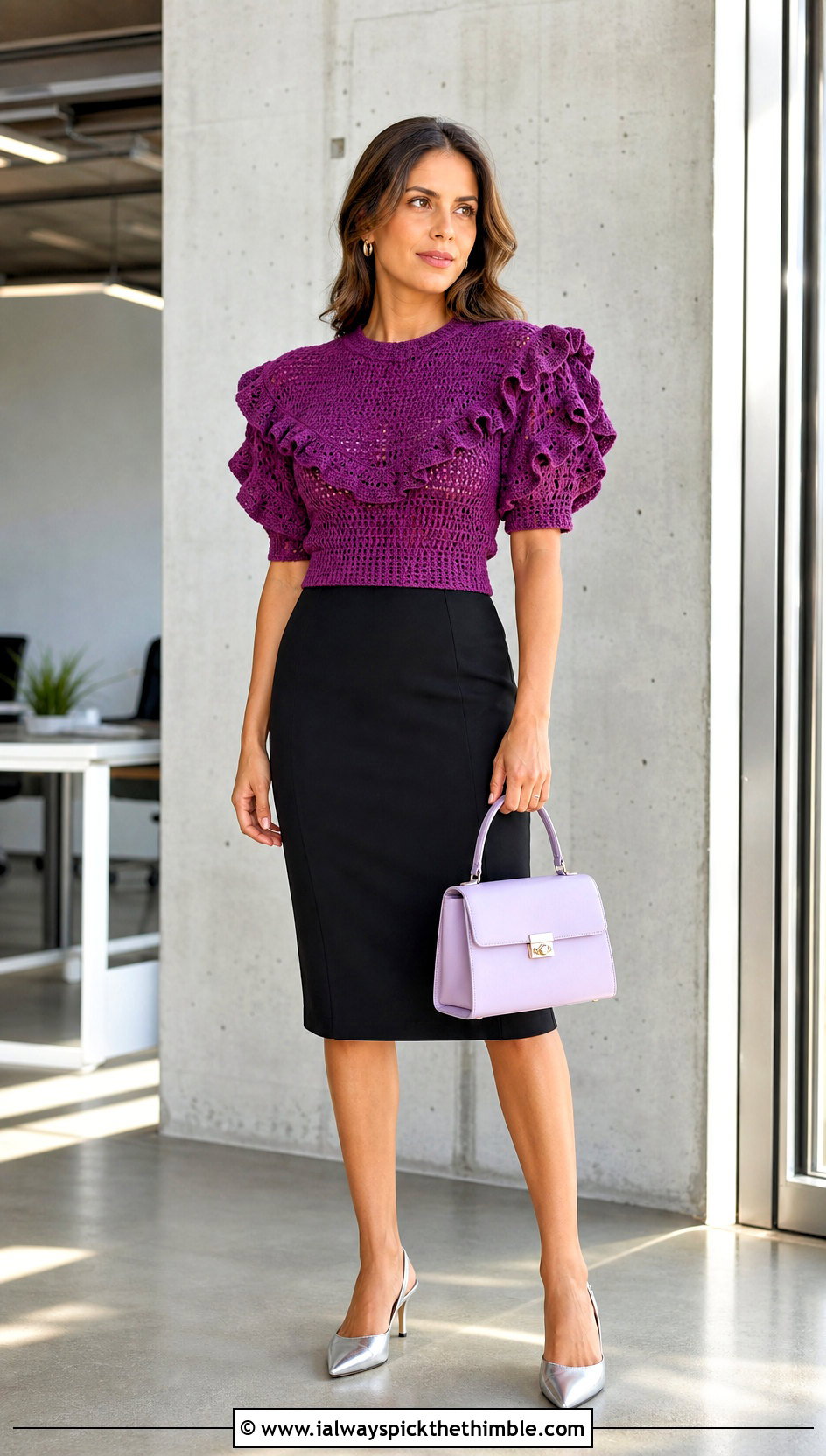 Puff Sleeve Ruffle Crochet Top With Pencil Skirt - 25 crochet top with ruffles outfit ideas