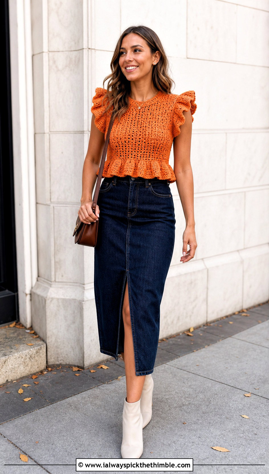 Puff Sleeve Ruffled Crochet Top With Denim Midi Skirt - 20 ruffled crochet top outfit ideas