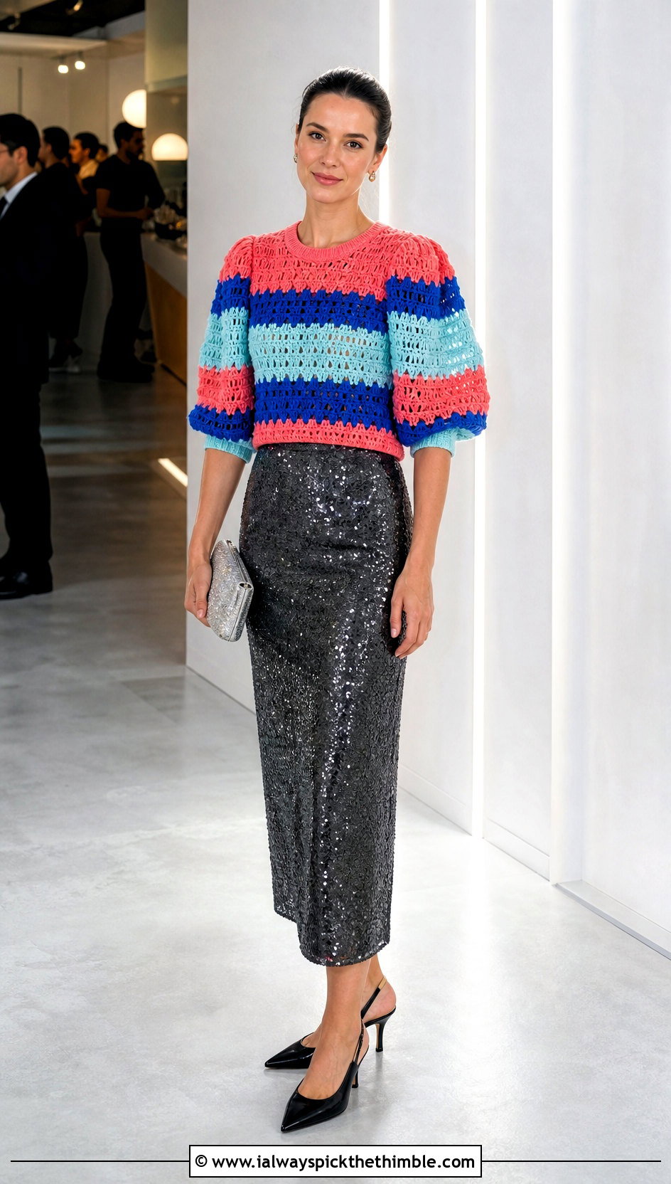 Puff Sleeve Striped Crochet Sweater With Sequin Midi Skirt - 20 striped crochet sweater outfit ideas