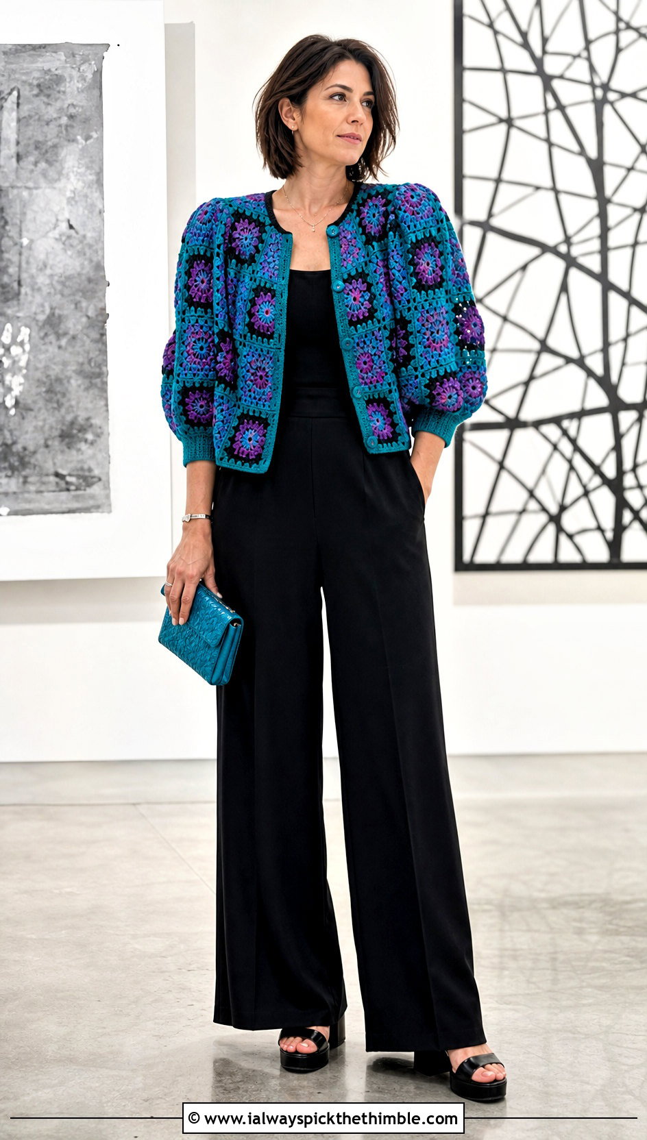 Puff Sleeve Sunburst Granny Square Cardigan With Wide Leg Jumpsuit - 25 sunburst granny square cardigan outfit ideas