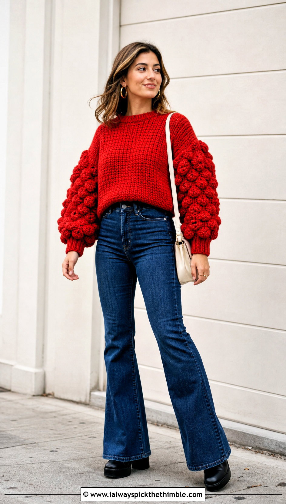 Puff Sleeve Super Bulky Crochet Sweater With Flare Jeans - 20 Super Bulky Crochet Sweater outfit ideas