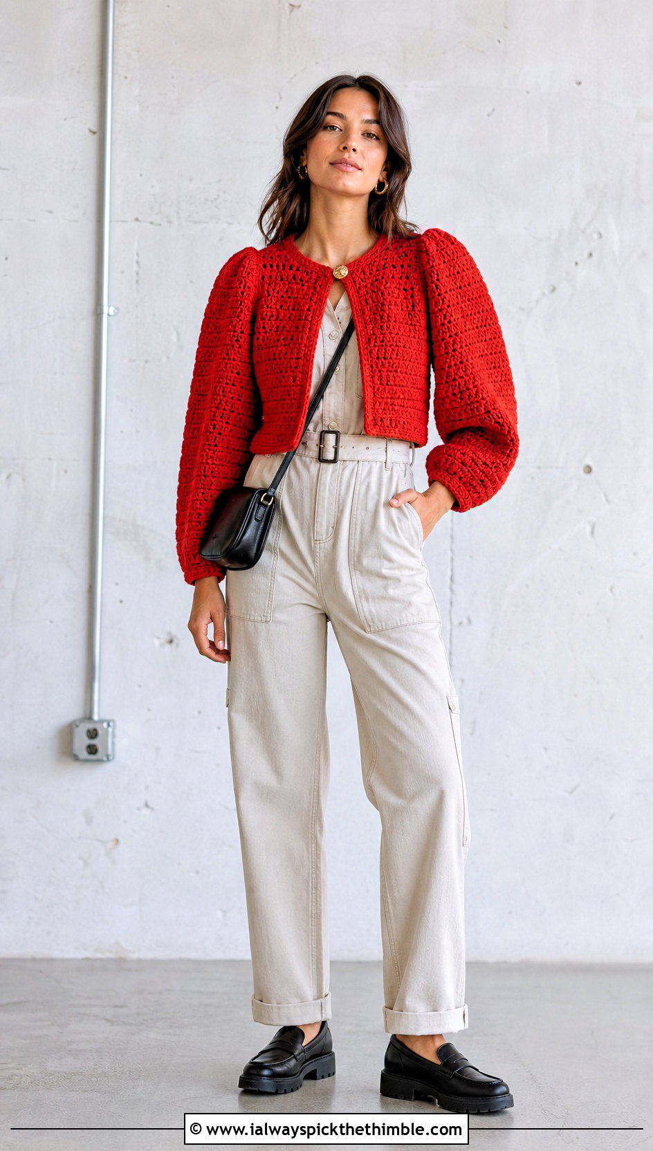 Puff Sleeve Top Down Crochet Cardigan With Utility Jumpsuit - 20 top down crochet cardigan outfit ideas