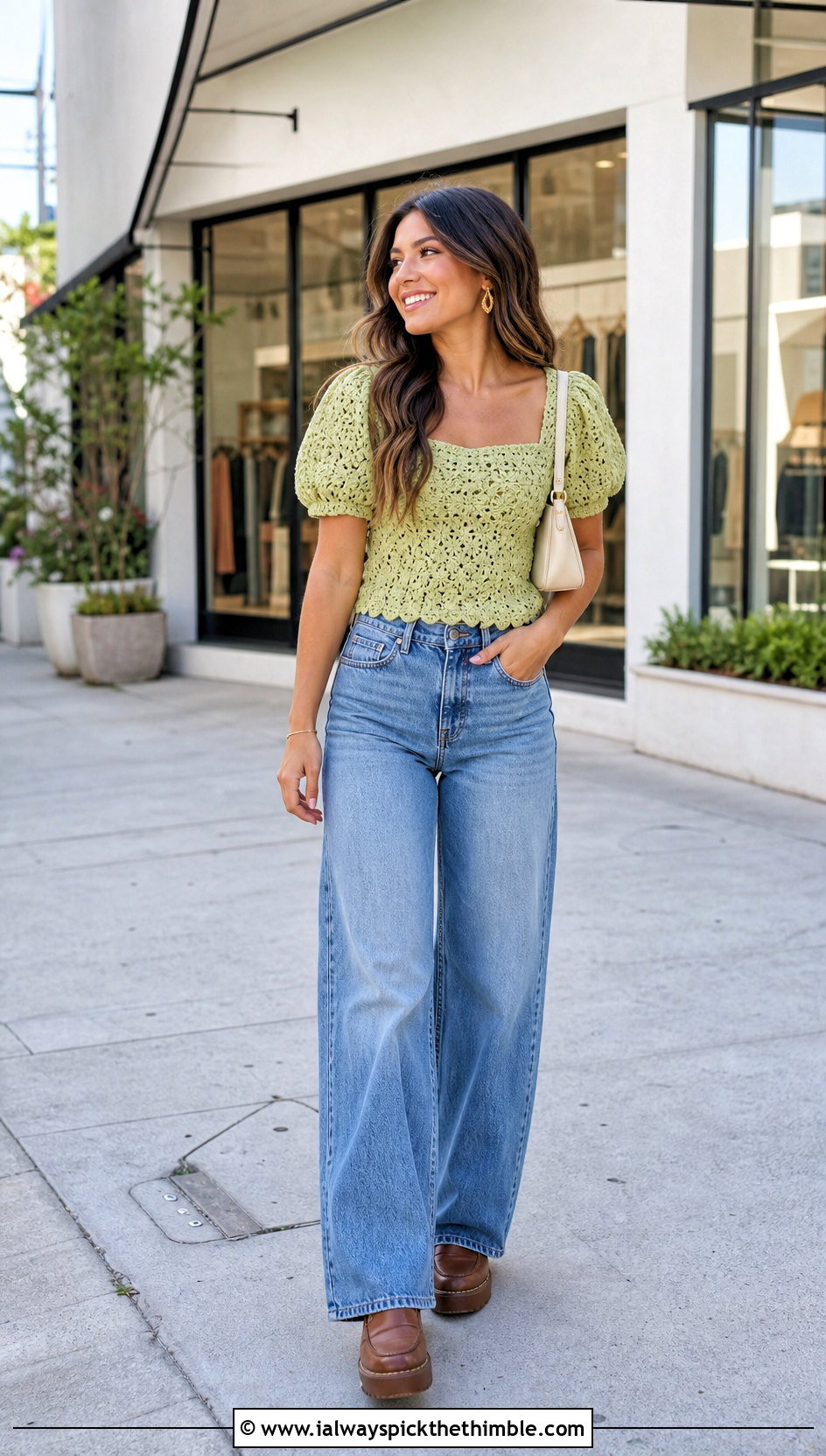 Puff Sleeve Vera Top With Wide Leg Jeans - 25 crochet vera top outfit ideas