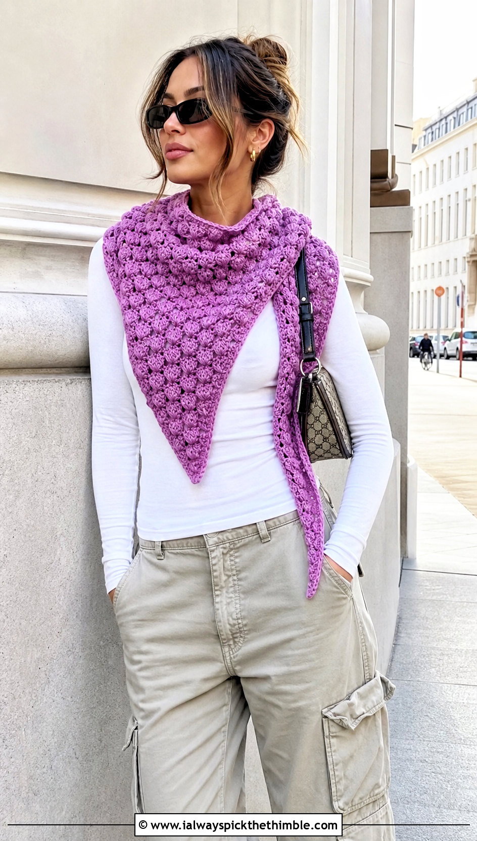 Puff Stitch Asymmetrical Crochet Shawl With Cargo Pants - 20 asymmetrical crochet shawl outfit ideas