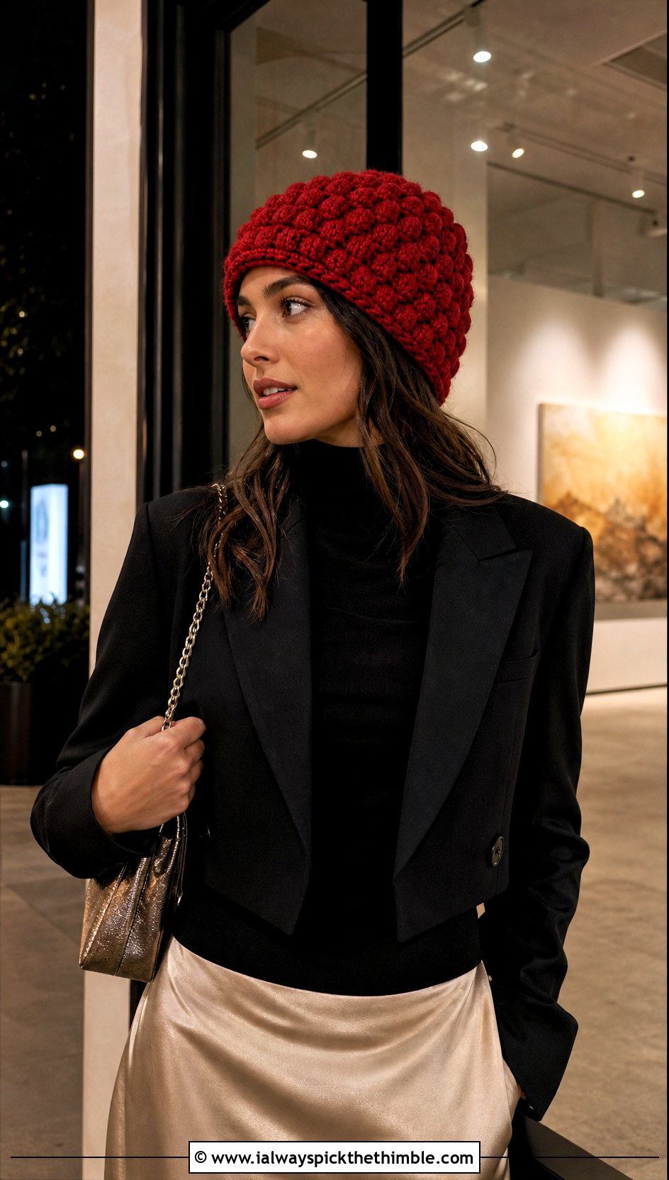 Puff Stitch Beanie With Satin Midi Skirt - 15 Crochet Woolly Hat outfit ideas