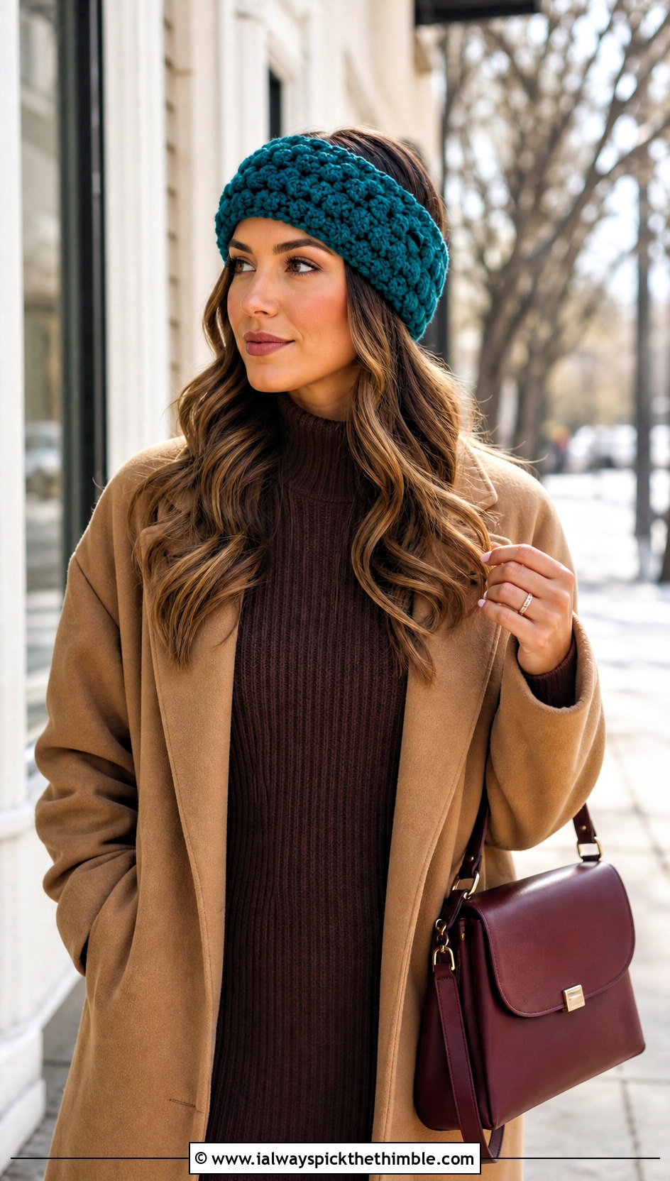 Puff Stitch Bulky Crochet Ear Warmer With Sweater Dress - 20 Bulky Crochet Ear Warmer outfit ideas