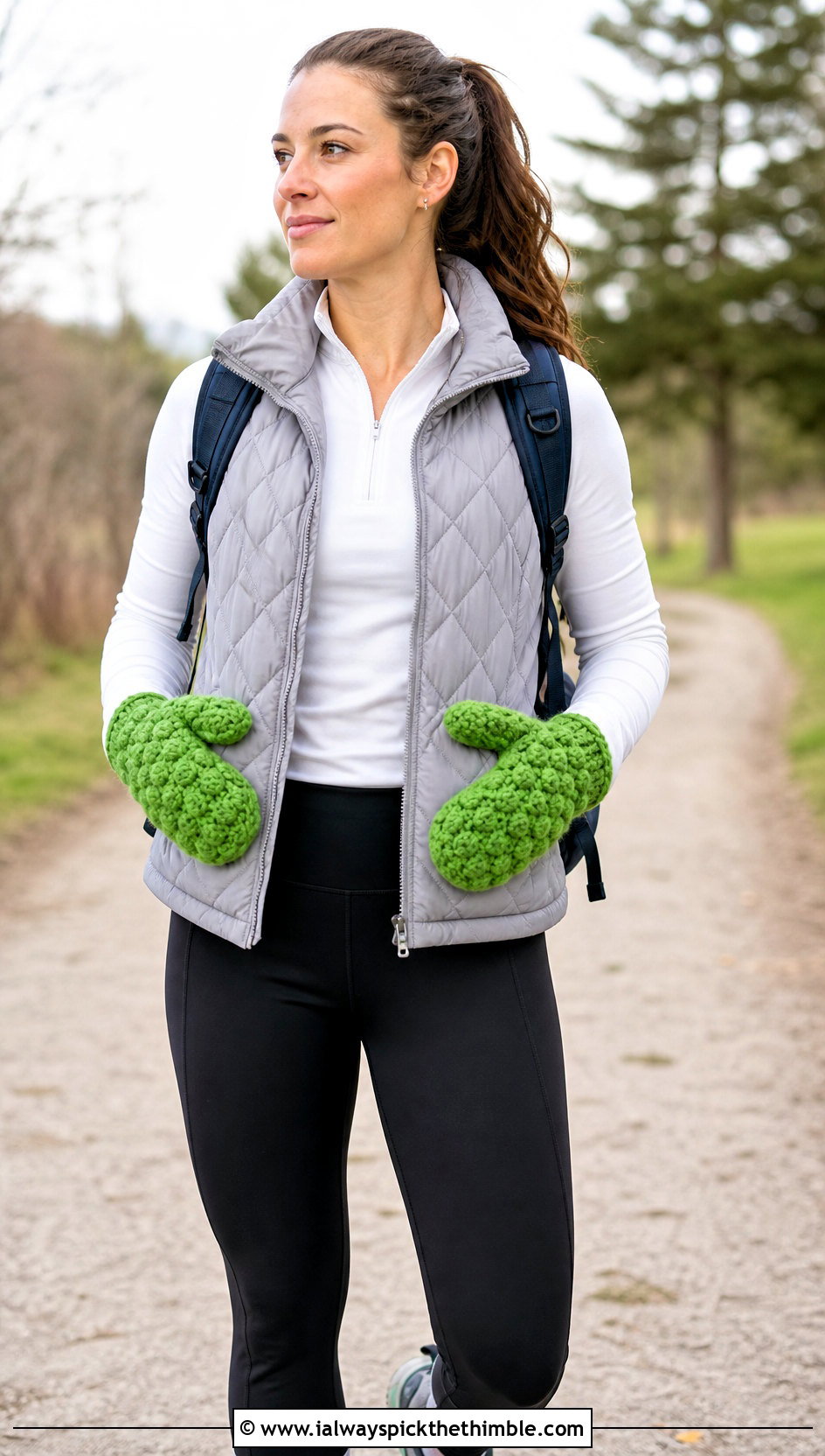 Puff Stitch Bulky Crochet Mittens With Quilted Vest And Leggings - 15 Bulky Crochet Mittens outfit ideas