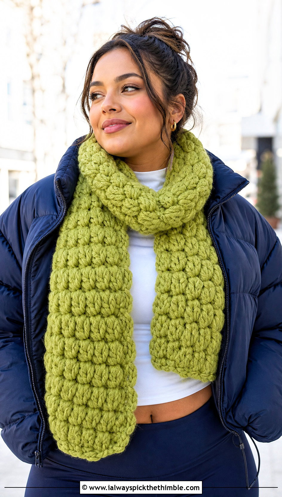 Puff Stitch Bulky Crochet Scarf With Cropped Puffer Jacket - 15 Crochet For Scarves Using Bulky Yarn outfit ideas