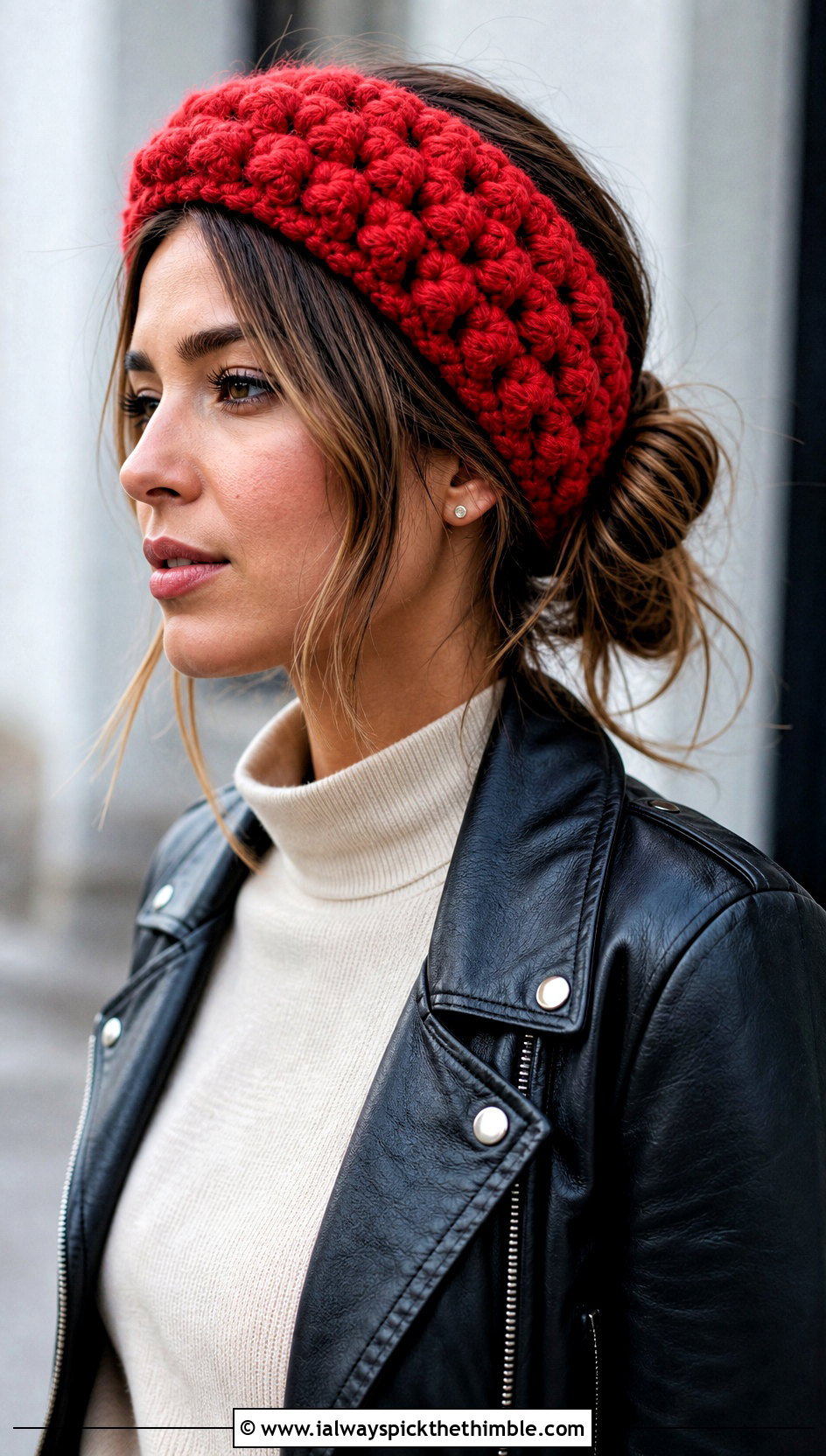 Puff Stitch Bulky Yarn Crochet Headband With Leather Jacket - 20 bulky yarn crochet headband outfit ideas