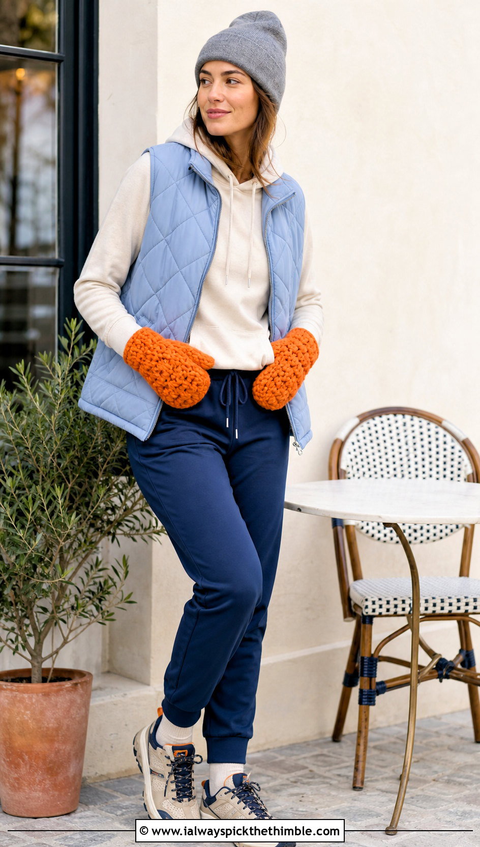 Puff Stitch Bulky Yarn Crochet Mittens With Quilted Vest And Joggers - 20 Crochet Mittens Bulky Yarn outfit ideas