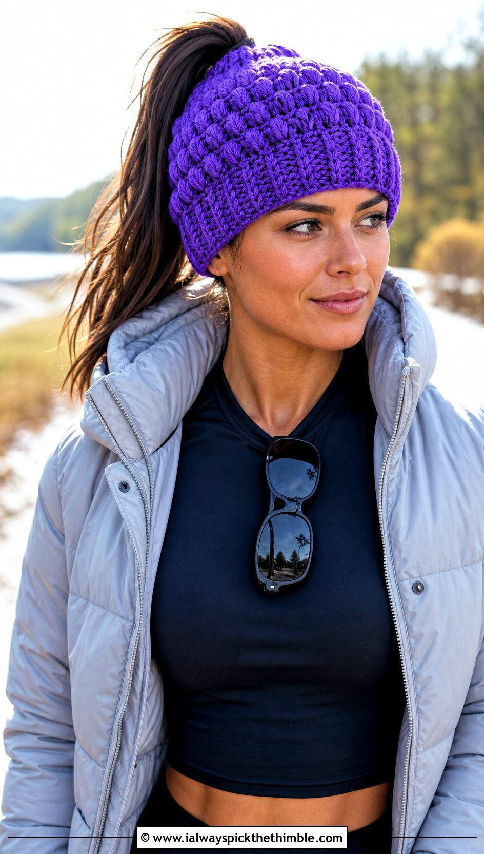 Puff Stitch Bun Crochet Beanie With Puffer Jacket And Leggings - 20 Bun Crochet Beanie outfit ideas