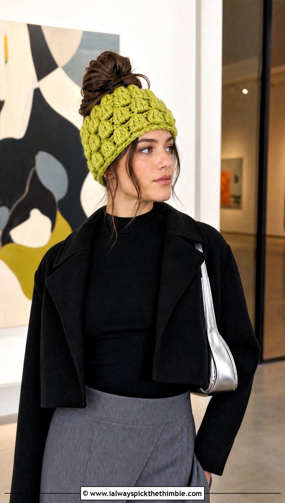 Puff Stitch Bun Hat With Midi Skirt - 15 bun crochet hat outfit ideas