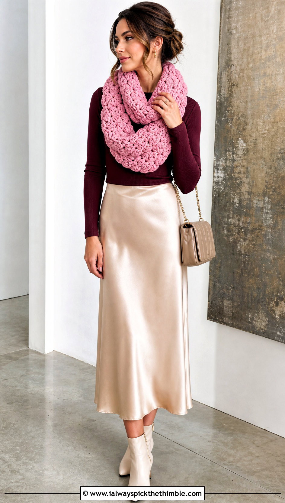 Puff Stitch Chunky Crochet Infinity Scarf With Satin Skirt - 20 Chunky Crochet Infinity Scarf outfit ideas
