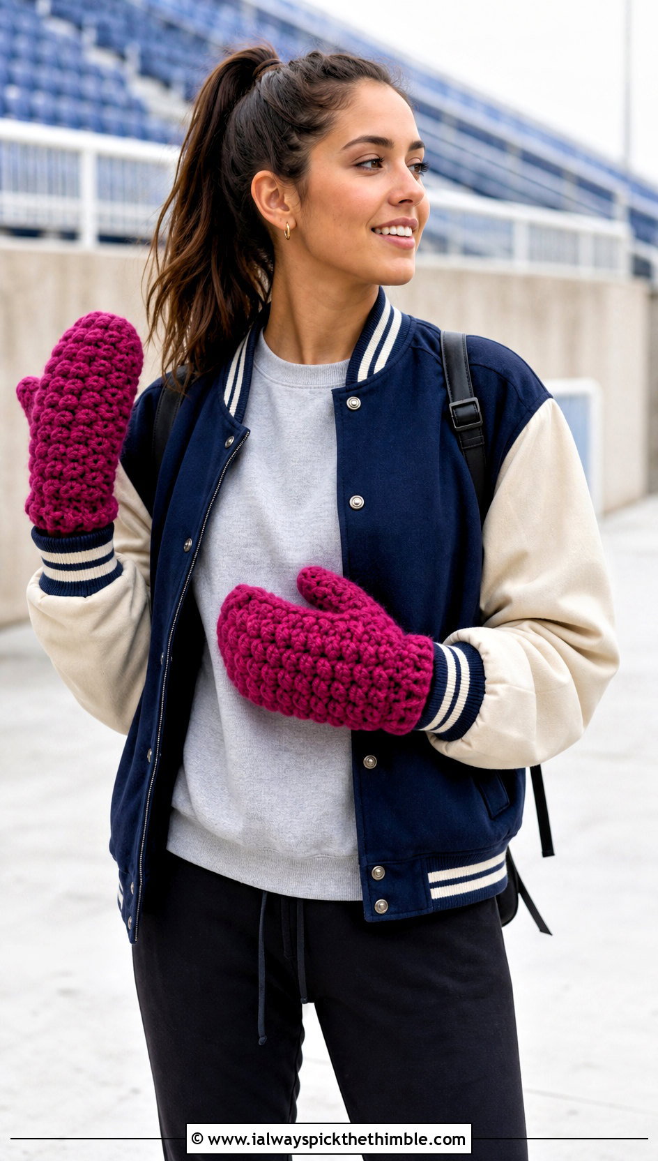 Puff Stitch Chunky Crochet Mittens With Varsity Jacket and Joggers - 20 Chunky Yarn Crochet Mittens outfit ideas
