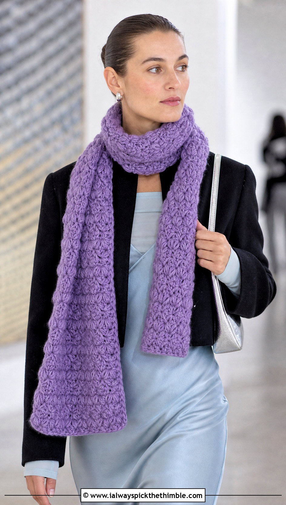 Puff Stitch Chunky Crochet Scarf With Slip Dress - 25 chunky crochet scarf outfit ideas