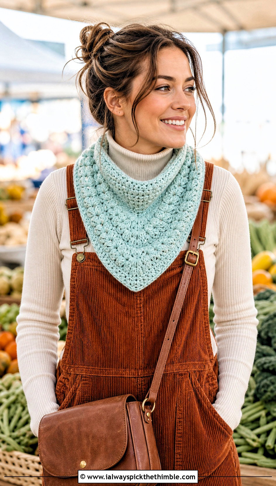 Puff Stitch Crescent Crochet Shawl With Corduroy Overalls - 20 Crescent Crochet Shawl outfit ideas