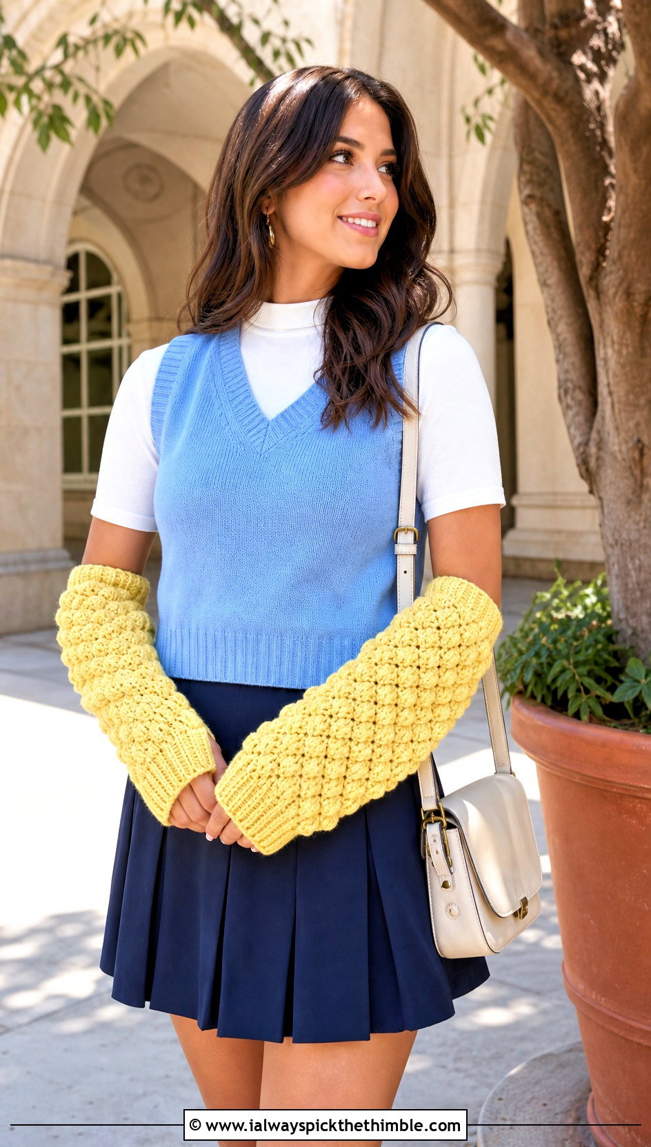 Puff Stitch Crochet Arm Warmers With Sweater Vest And Pleated Skirt - 20 Easy Crochet Arm Warmers outfit ideas