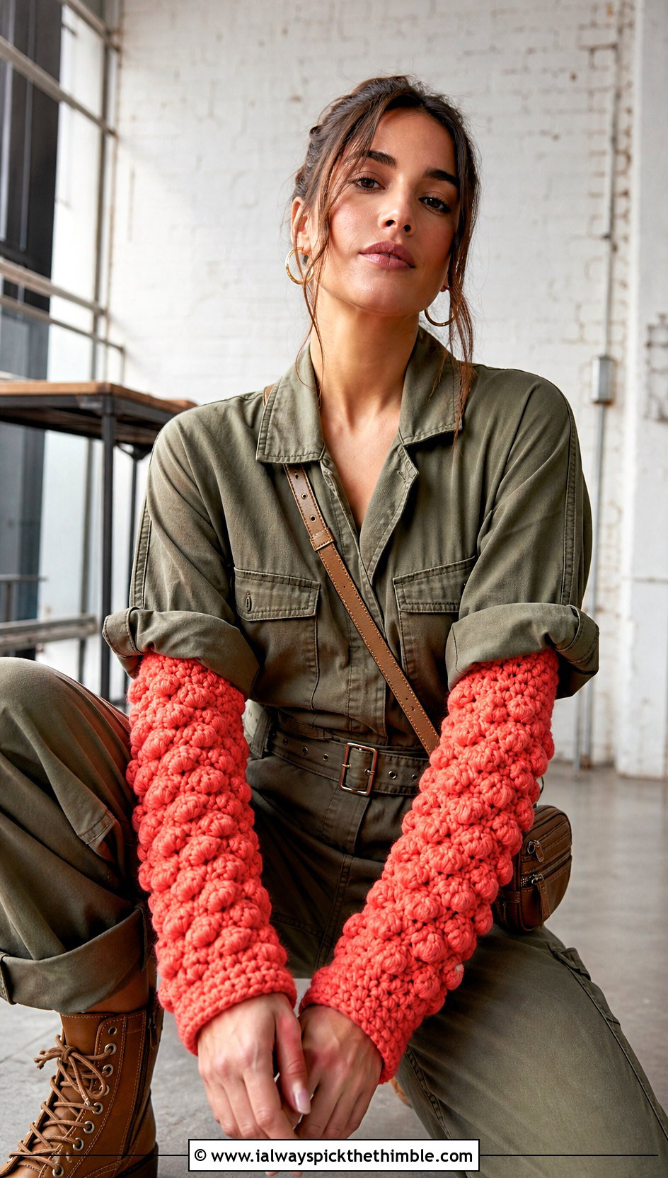 Puff Stitch Crochet Arm Warmers With Utility Jumpsuit - 20 Crochet Arm Warmer outfit ideas