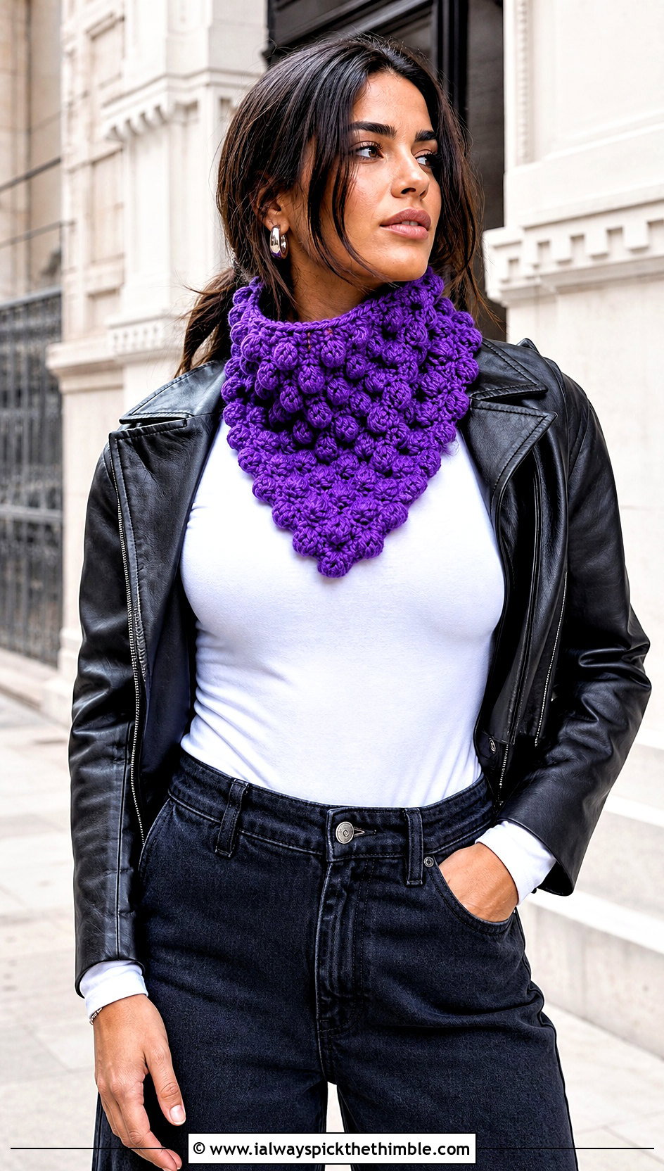 Puff Stitch Crochet Bandana Cowl With Leather Jacket - 20 crochet bandana cowl outfit ideas