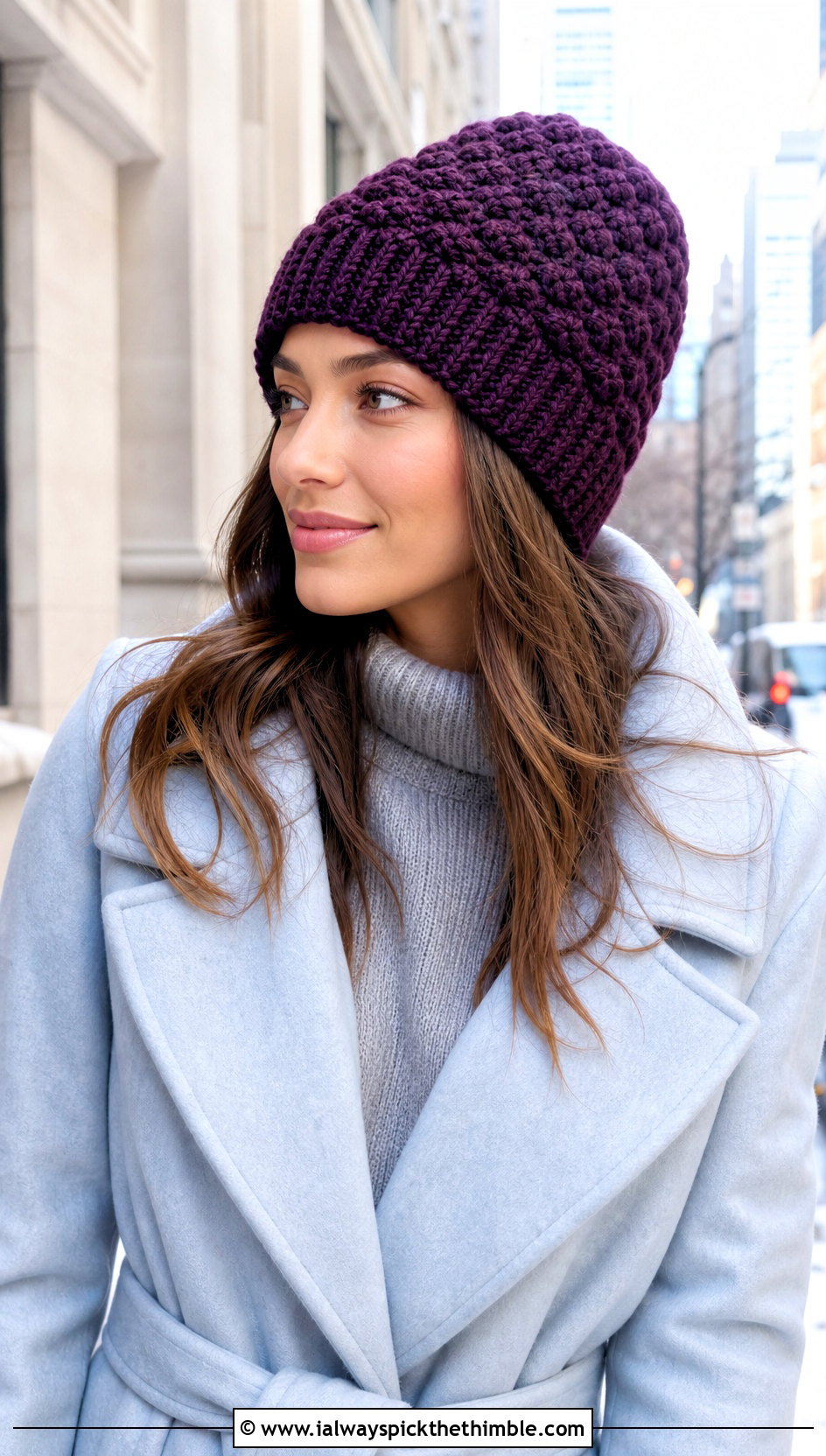 Puff Stitch Crochet Beanie With Sweater Dress - 20 classic crochet beanie outfit ideas